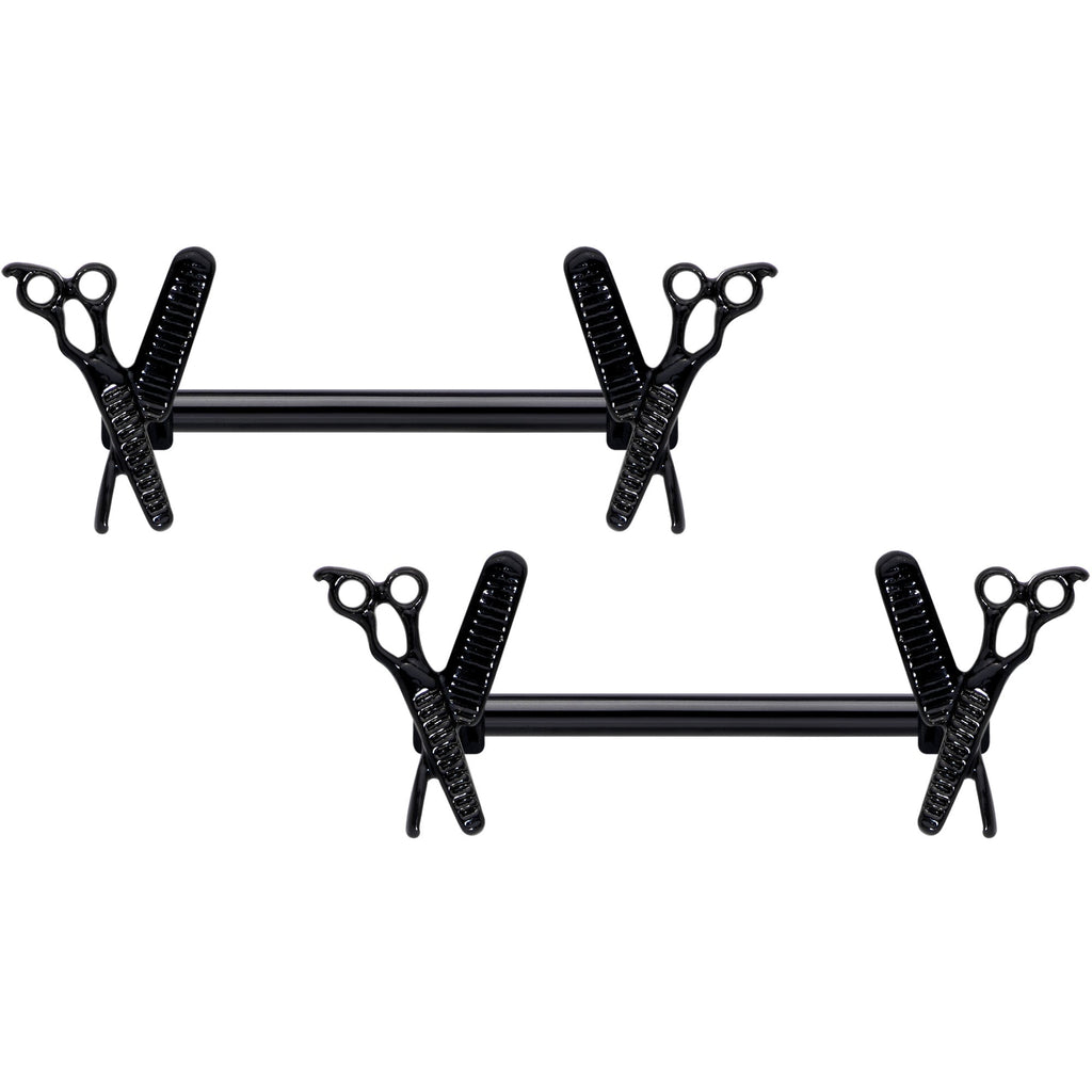 14G 9/16 Black Scissors Comb Barbell Nipple Ring Set