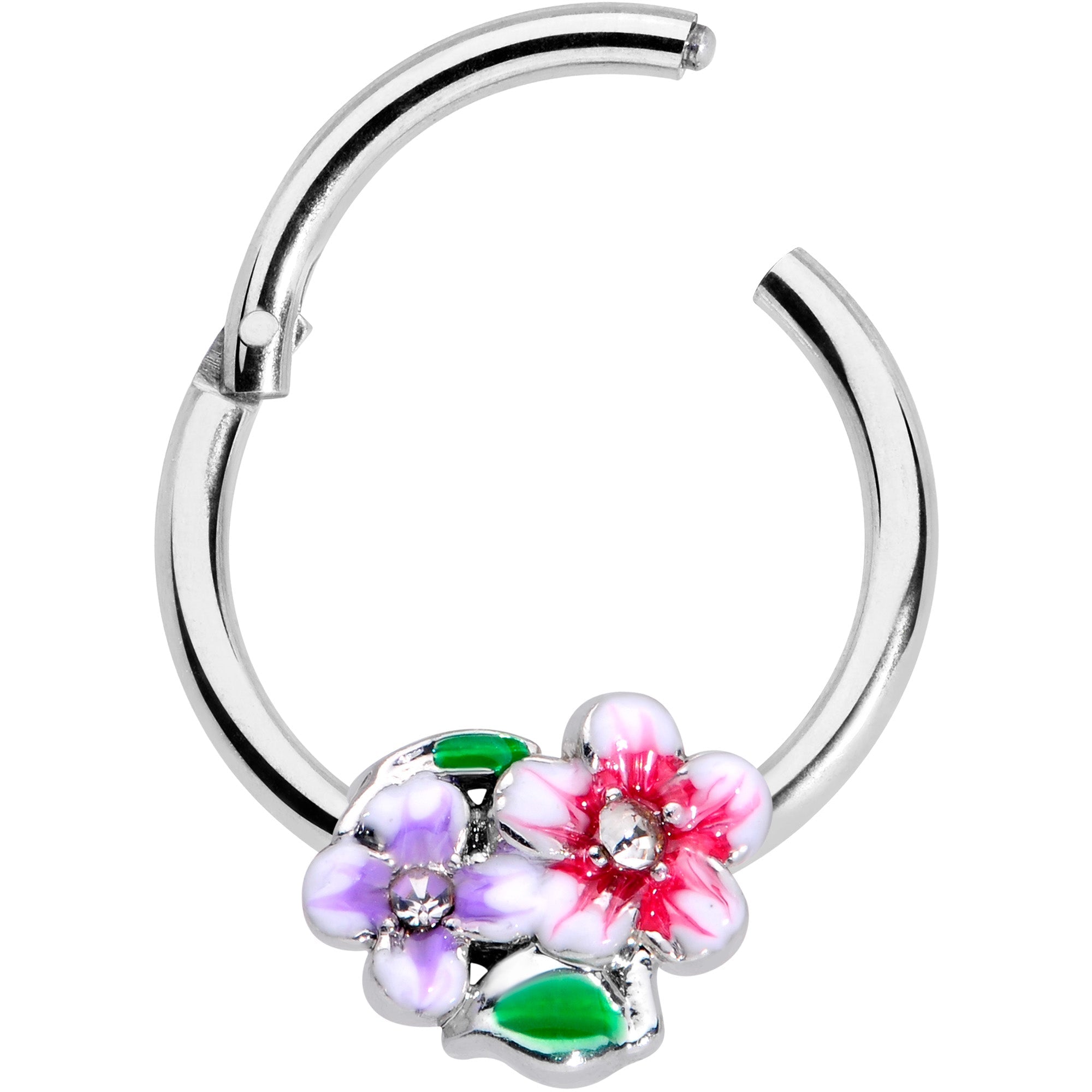 16G 3/8 Clear Gem Fanciful Flowers Hinged Segment Ring