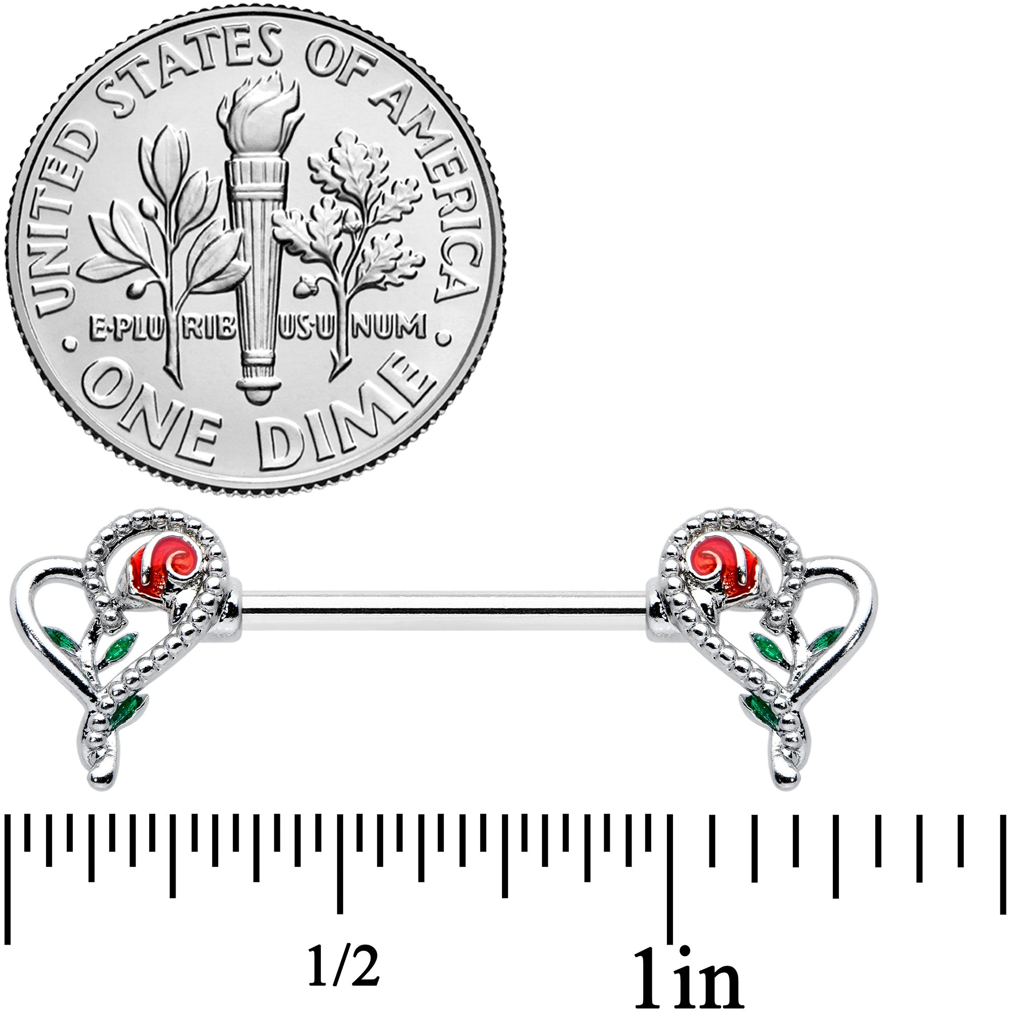 14G 5/8 Open Heart Rose Valentines Barbell Nipple Ring Set