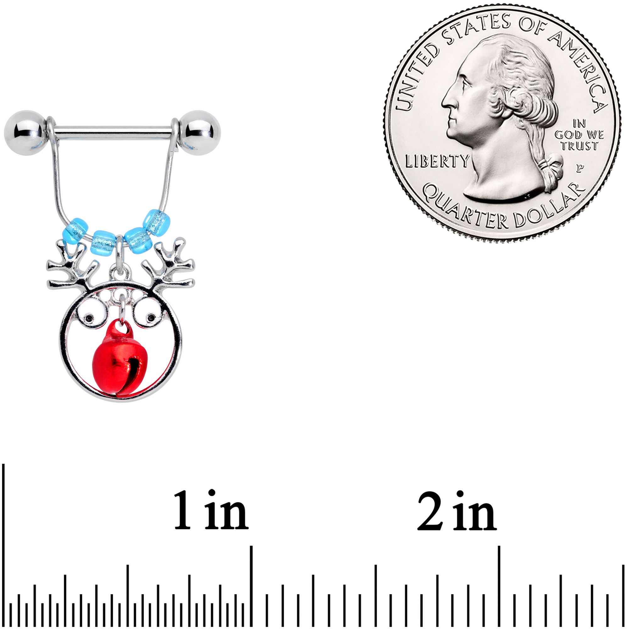 14G 9/16 Blue Red Bell Reindeer Christmas Dangle Nipple Ring Set
