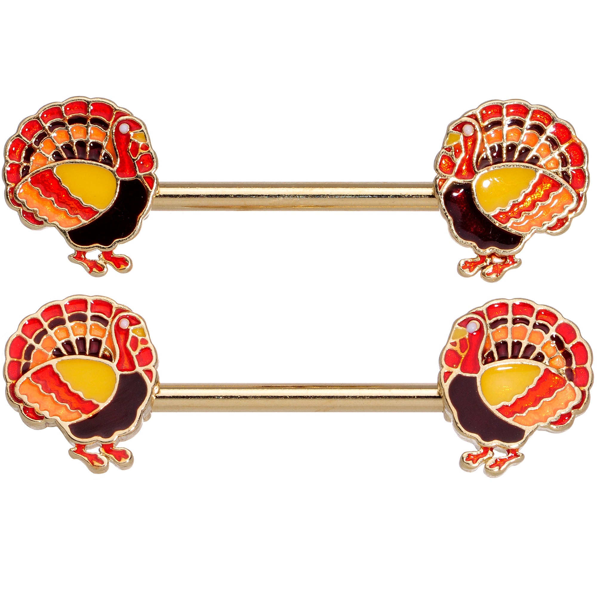 14G 9/16 Gold Tone Turkey Thanksgiving Barbell Nipple Rings