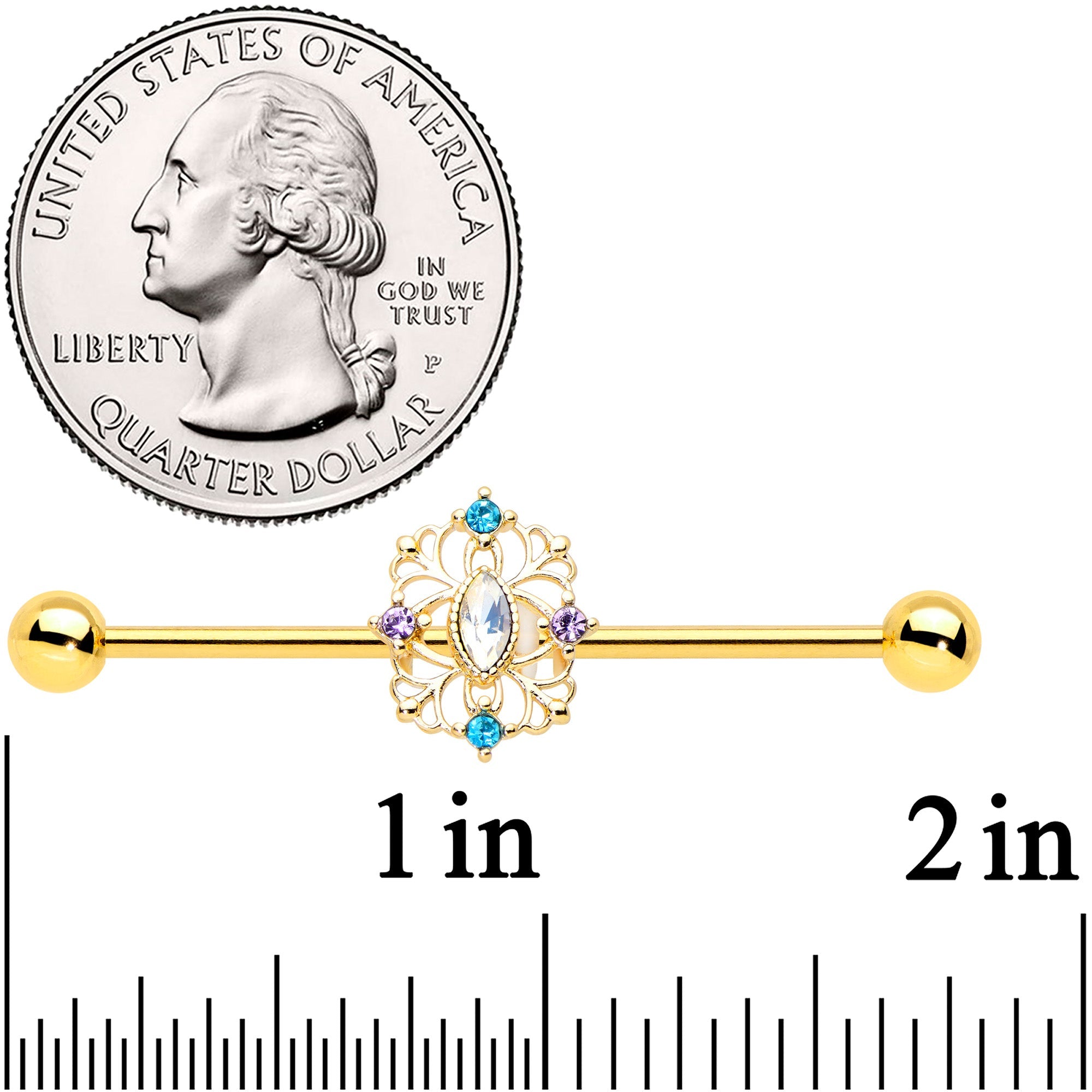 14G White Synthetic Opal Gold Tone Web Industrial Barbell 38mm