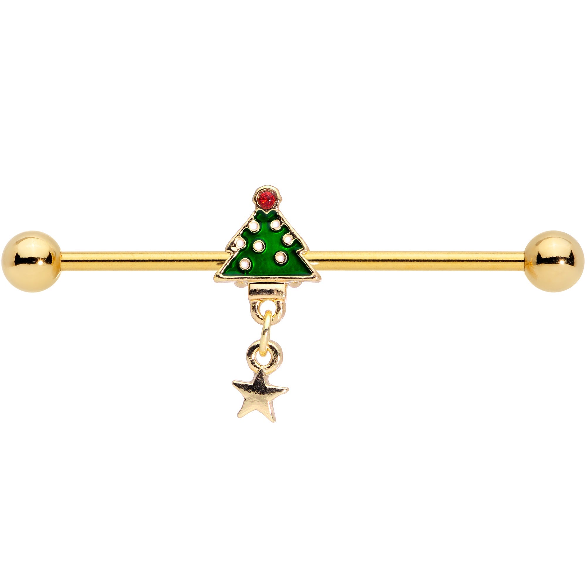 14G Red Gem Star Christmas Tree Dangle Industrial Barbell 38mm
