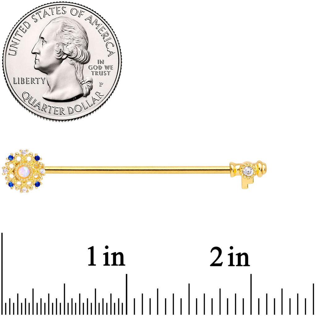 14G White Synthetic Opal Gold Tone Key Industrial Barbell 38mm
