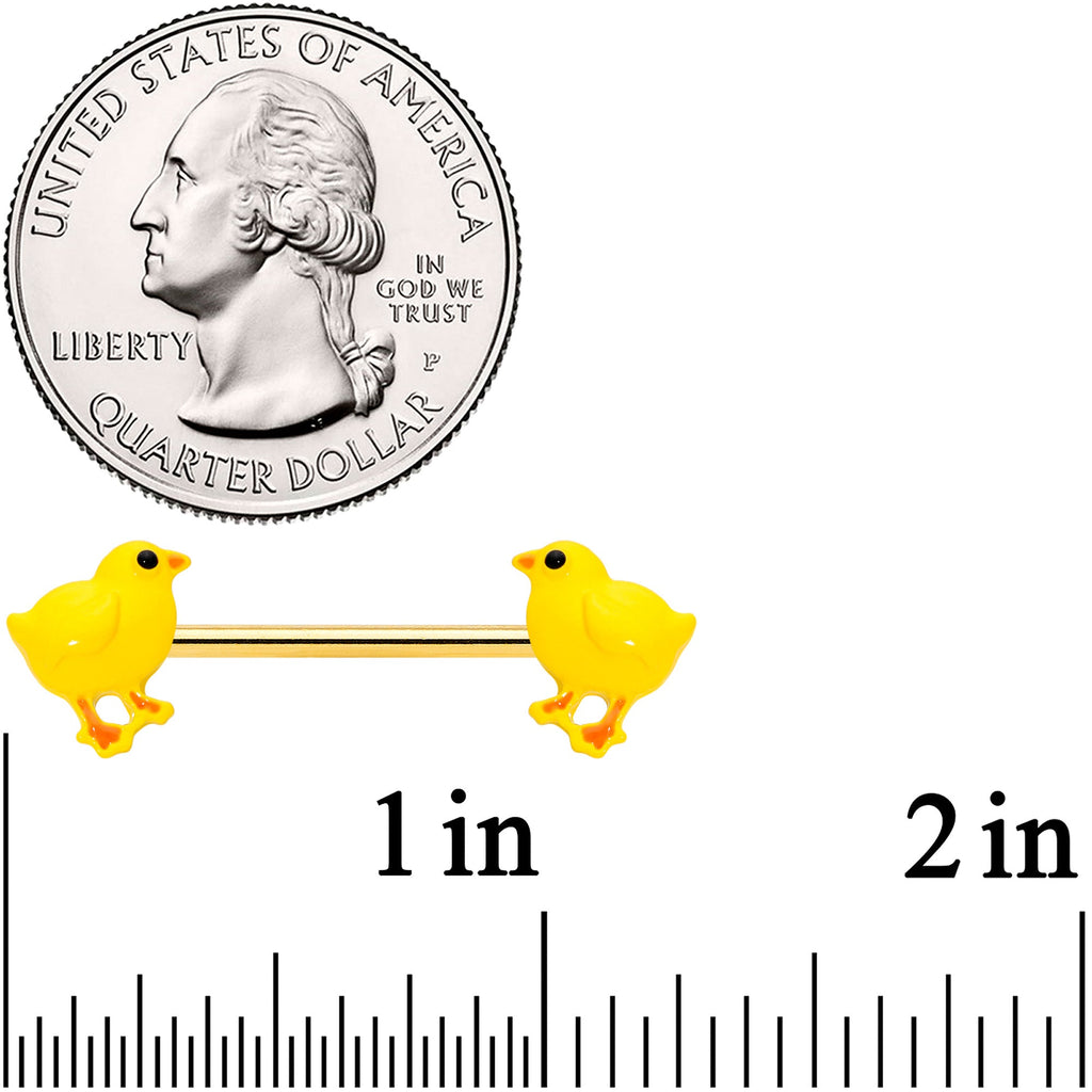 14G 9/16 Gold Tone Yellow Easter Chick Barbell Nipple Ring Set