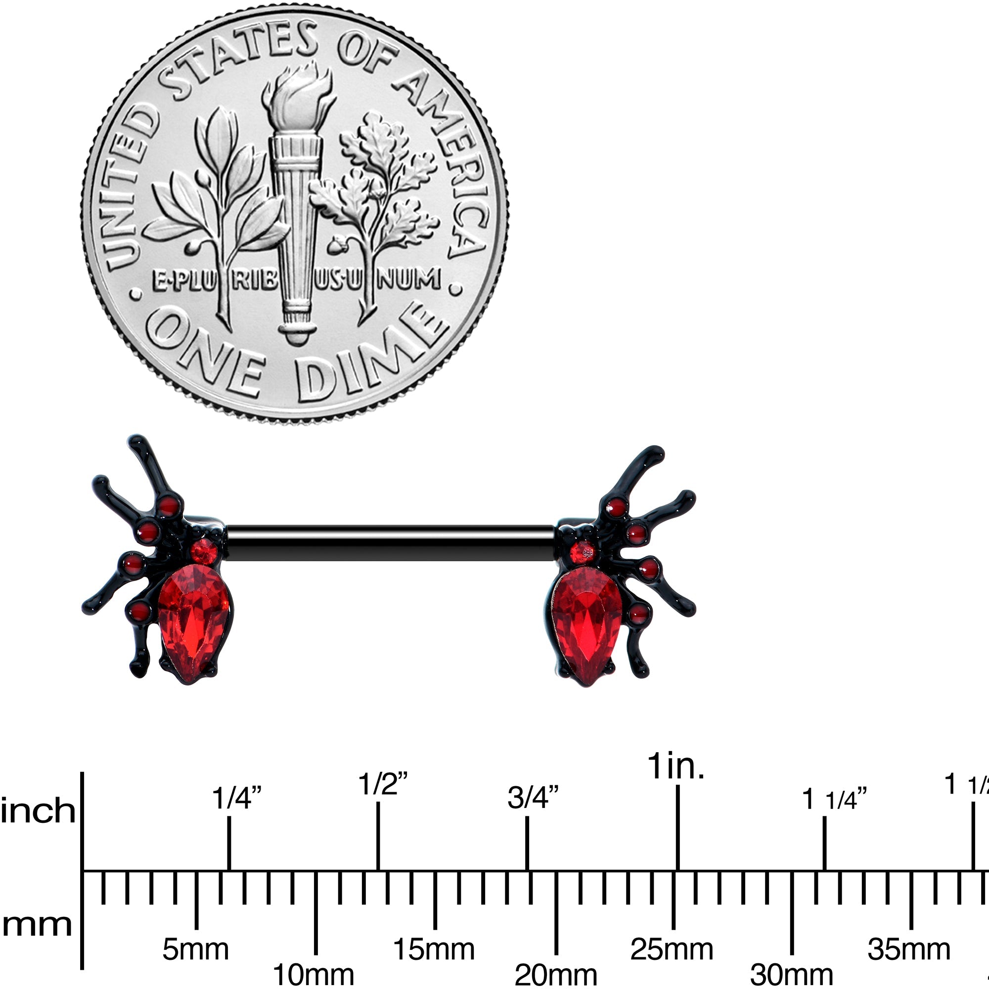 14G Red Gem Black Creep Spider Halloween Barbell Nipple Ring Set