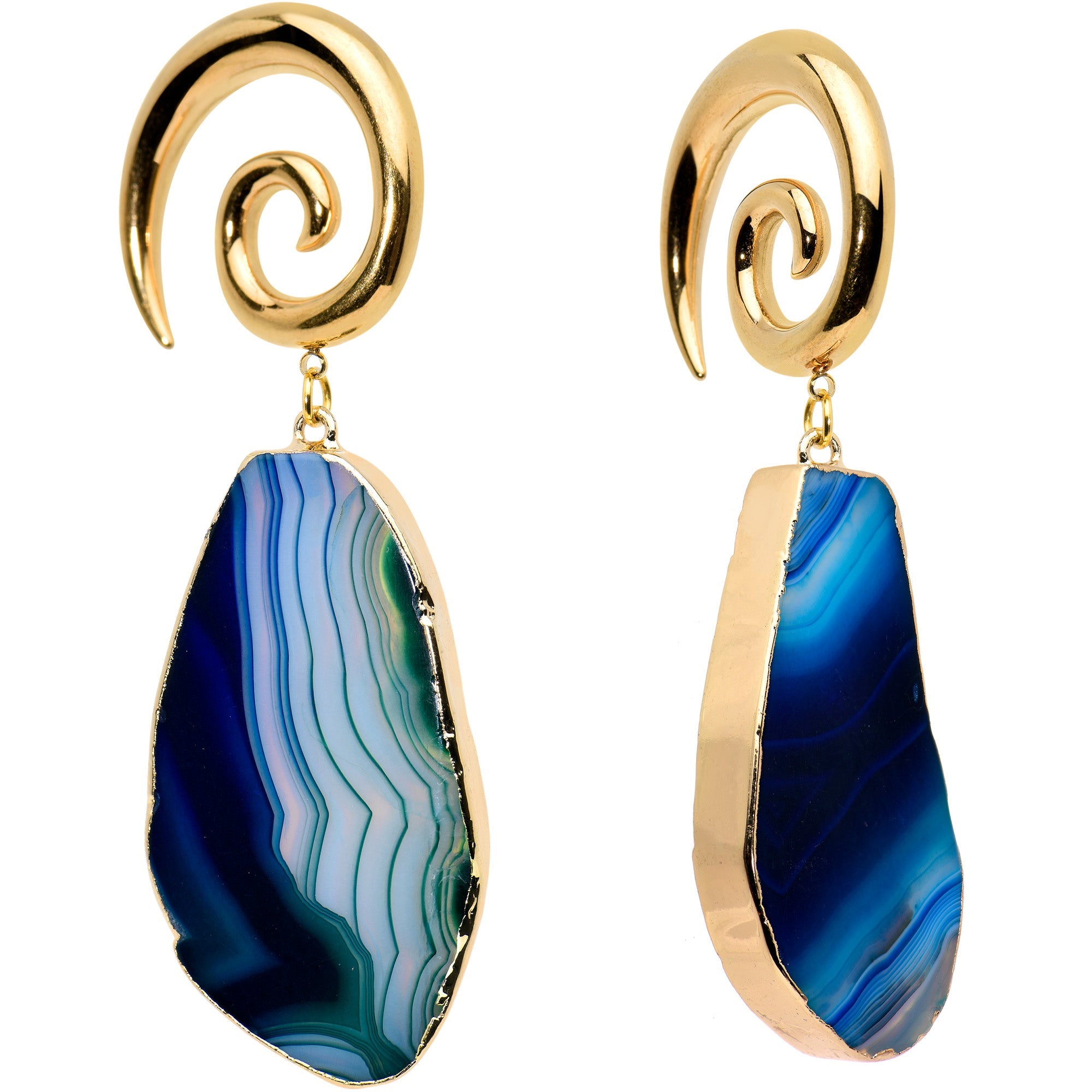 2G Gold Tone Blue Marble Onyx Stone Spiral Taper Ear Weights