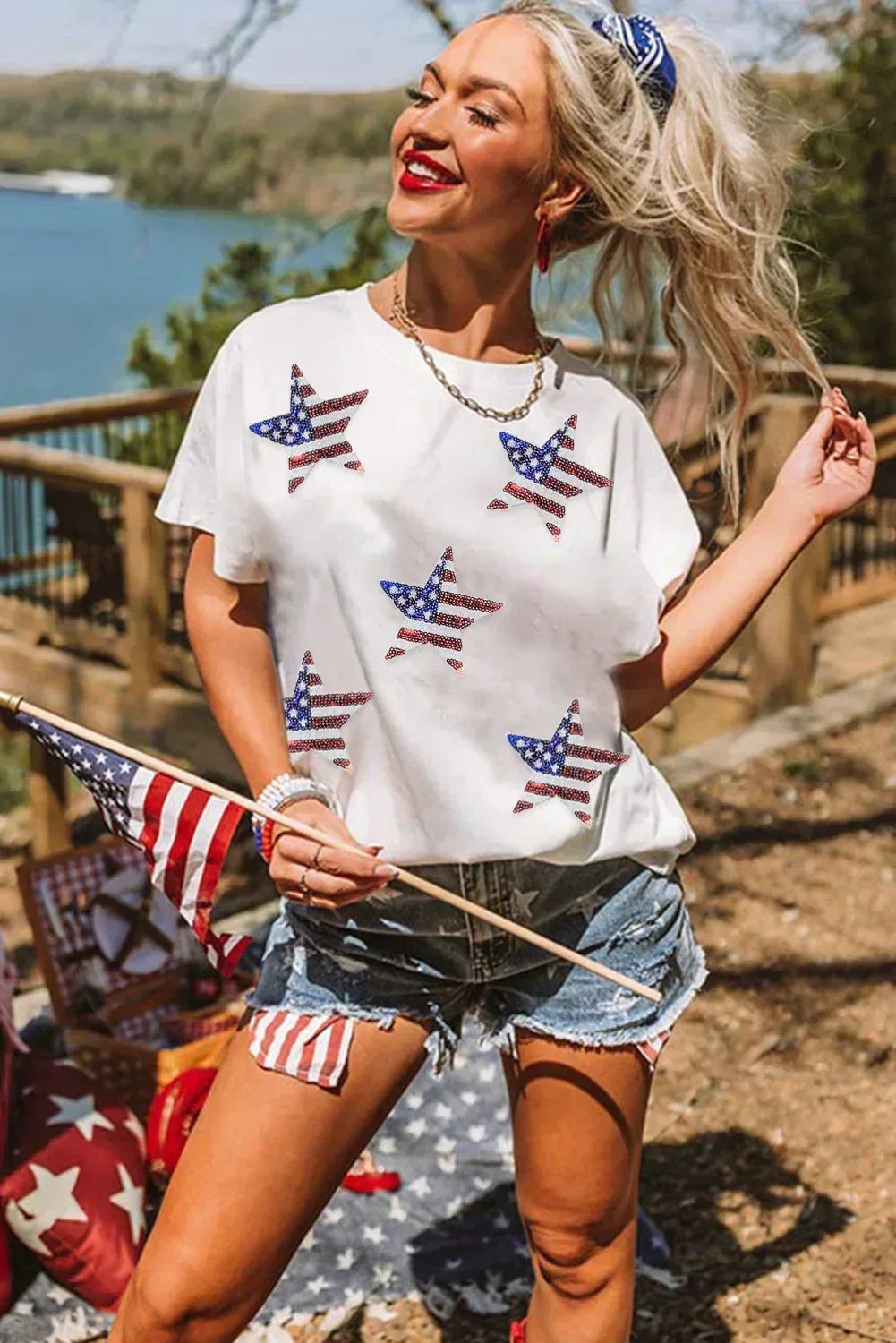 Black Sequined American Flag Star Graphic T Shirt