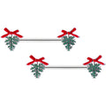 14G 9/16 Pine Bough Red Bow Christmas Barbell Nipple Ring Set