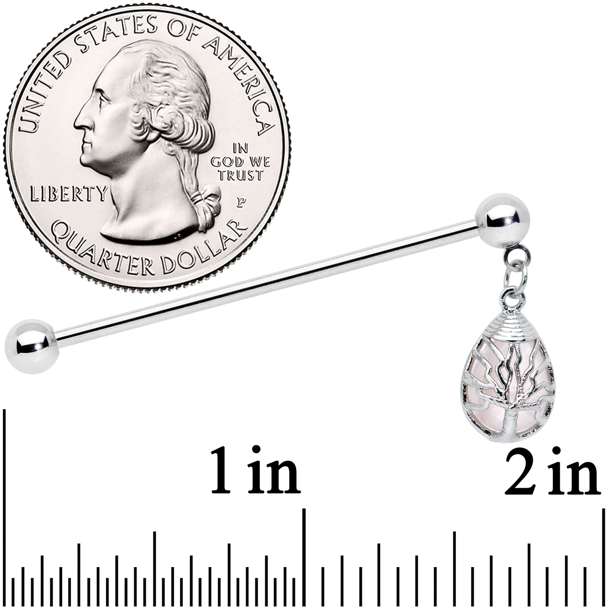 14G Rose Quartz Drop Tree Dangle Industrial Barbell 38mm