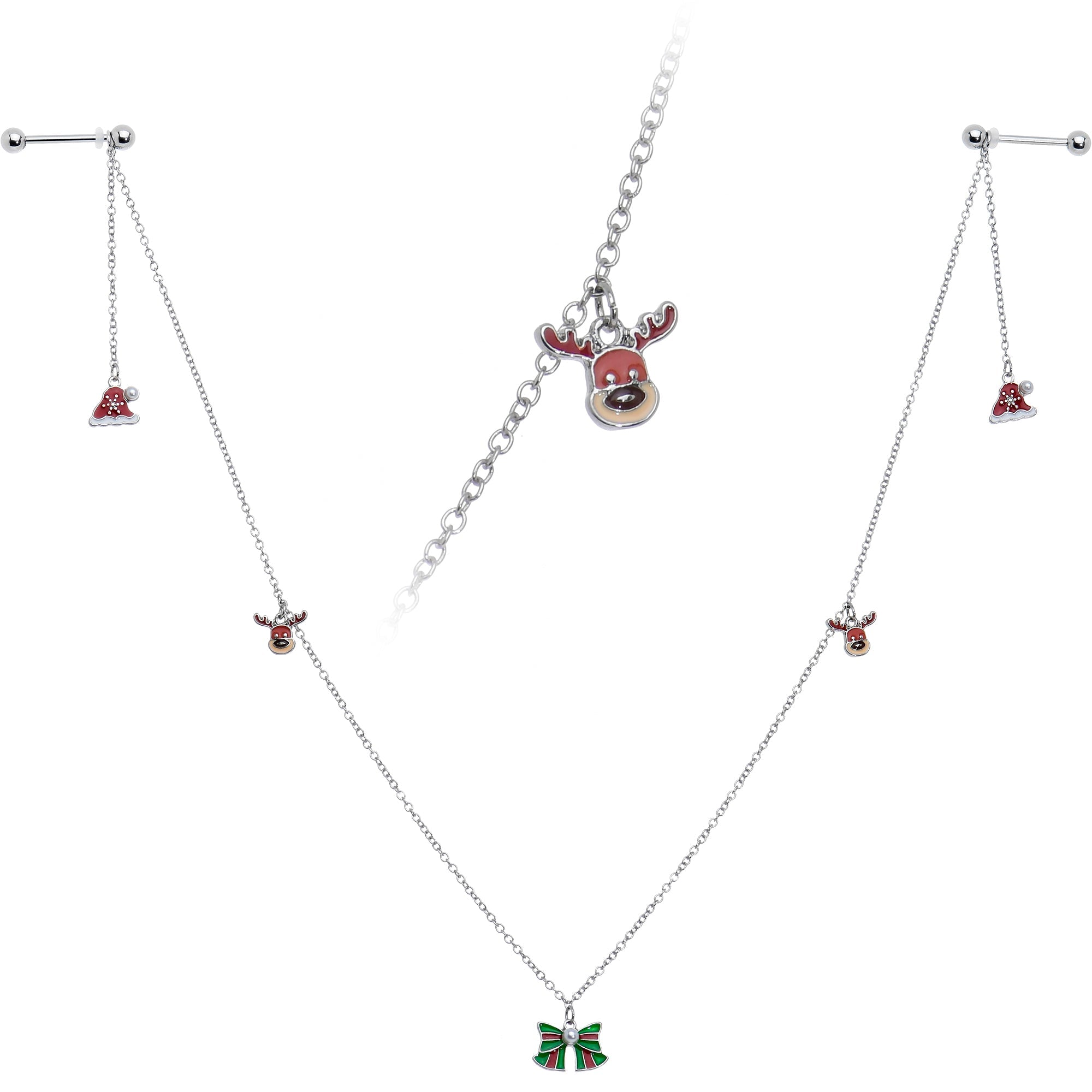 14G 9/16 White Orb Santa Hat Christmas Barbell Nipple Chain Set