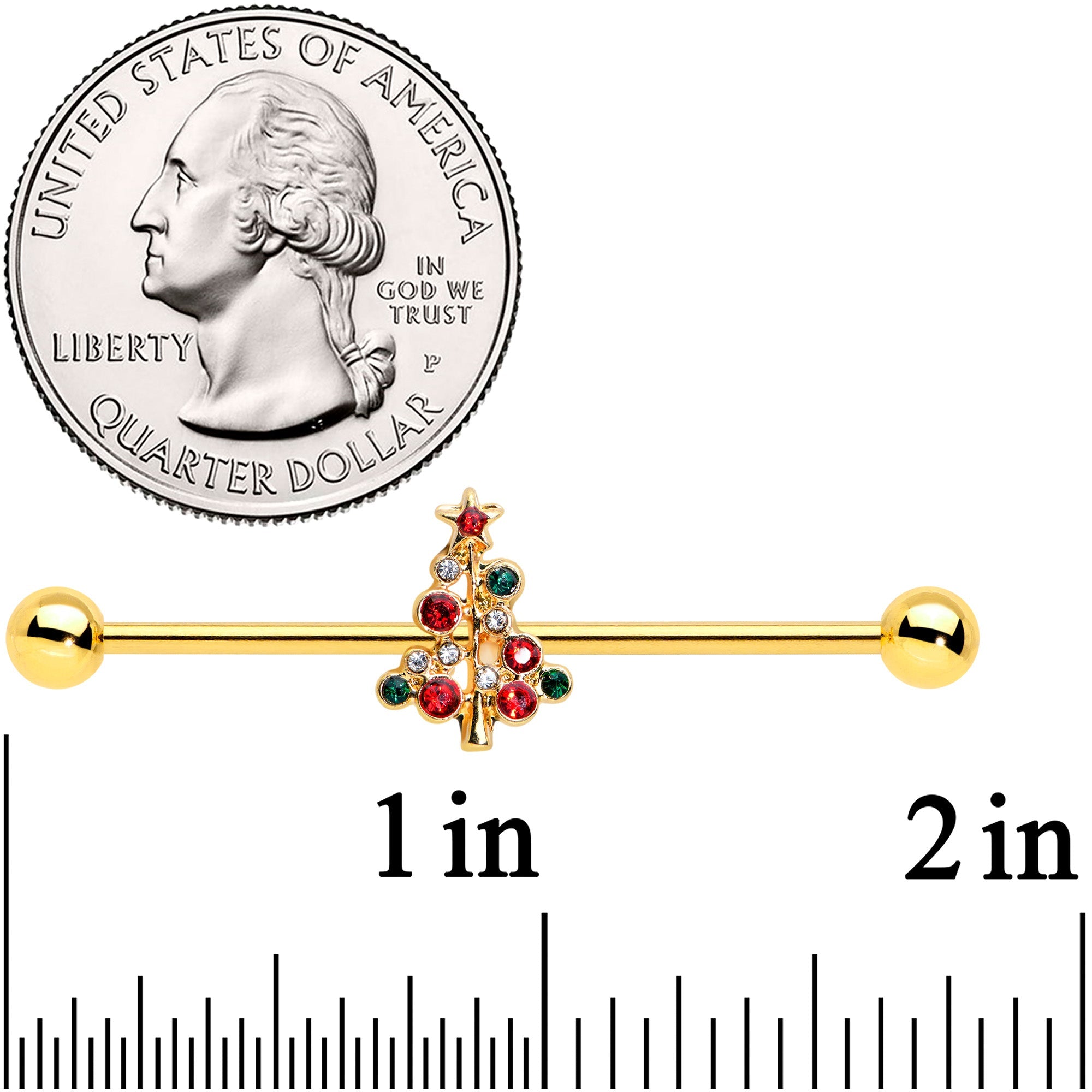 14G Red Gem Gold Tone Christmas Tree Industrial Barbell 38mm