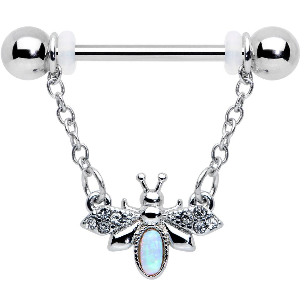 14G 9/16 White Synthetic Opal Chain Dangle Nipple Ring Set