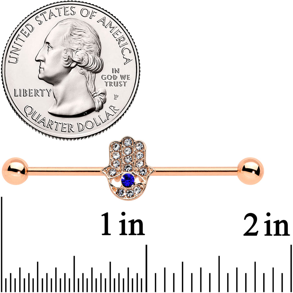 14G Blue Gem Rose Gold Tone Hamsa Hand Eye Industrial Barbell 38mm
