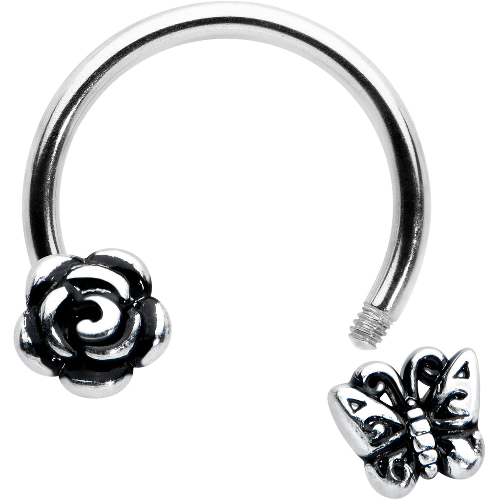 16G 3/8 Antiqued Butterfly Flower Horseshoe Circular Barbell
