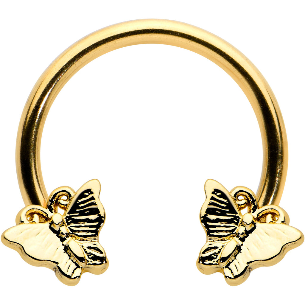 16G 3/8 Gold Tone Burnished Butterflies Horseshoe Circular Barbell