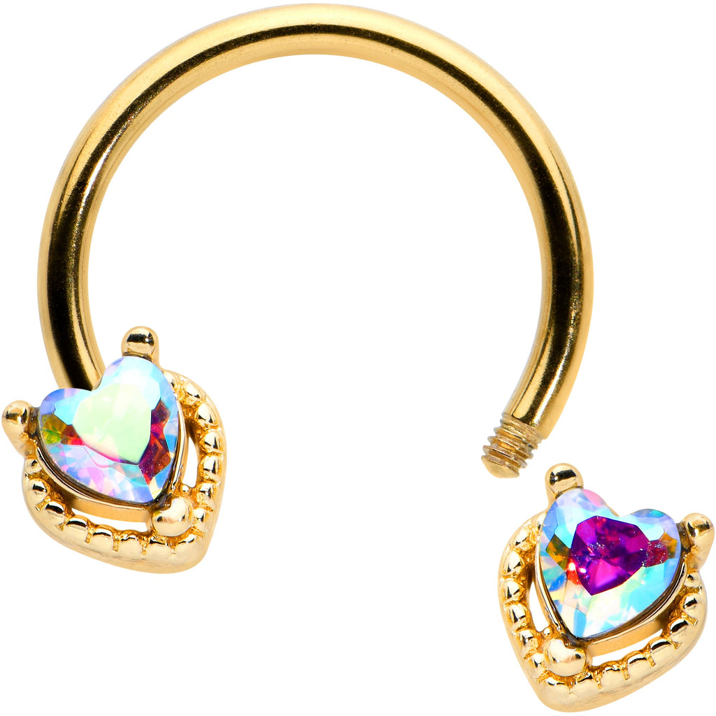16G 3/8 Aurora Gem Gold Tone Duo Heart Horseshoe Circular Barbell