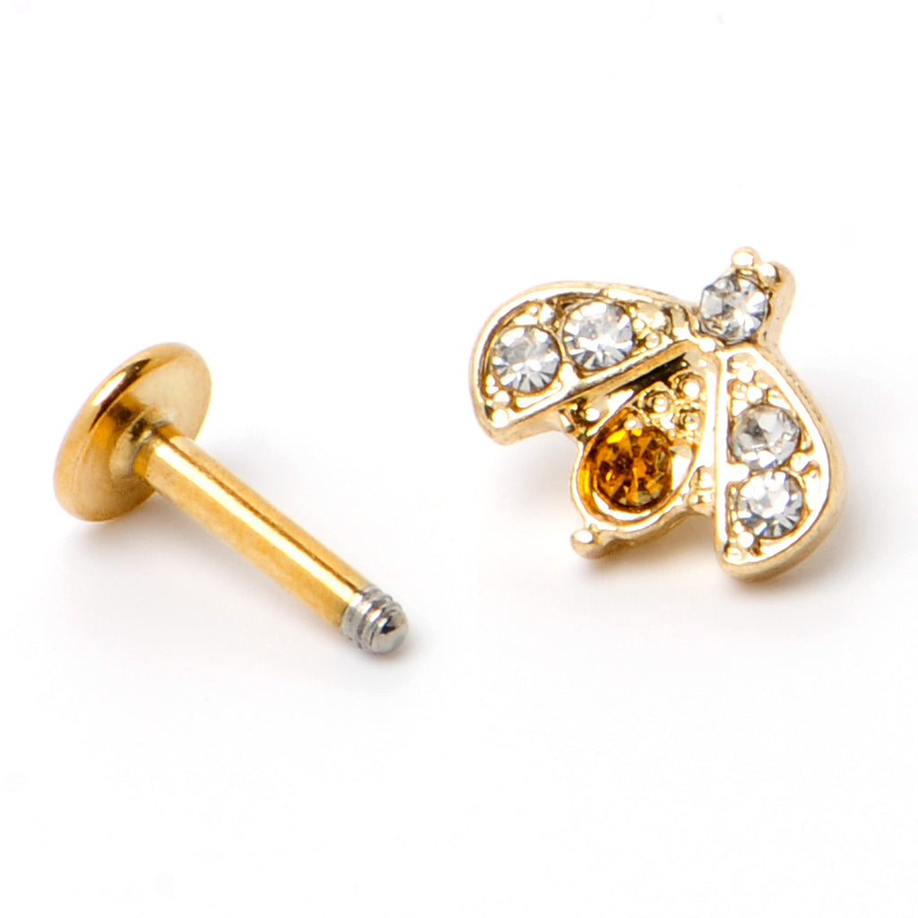 16G 1/4 White Yellow Gem Gold Tone Fashion Winged Bug Labret
