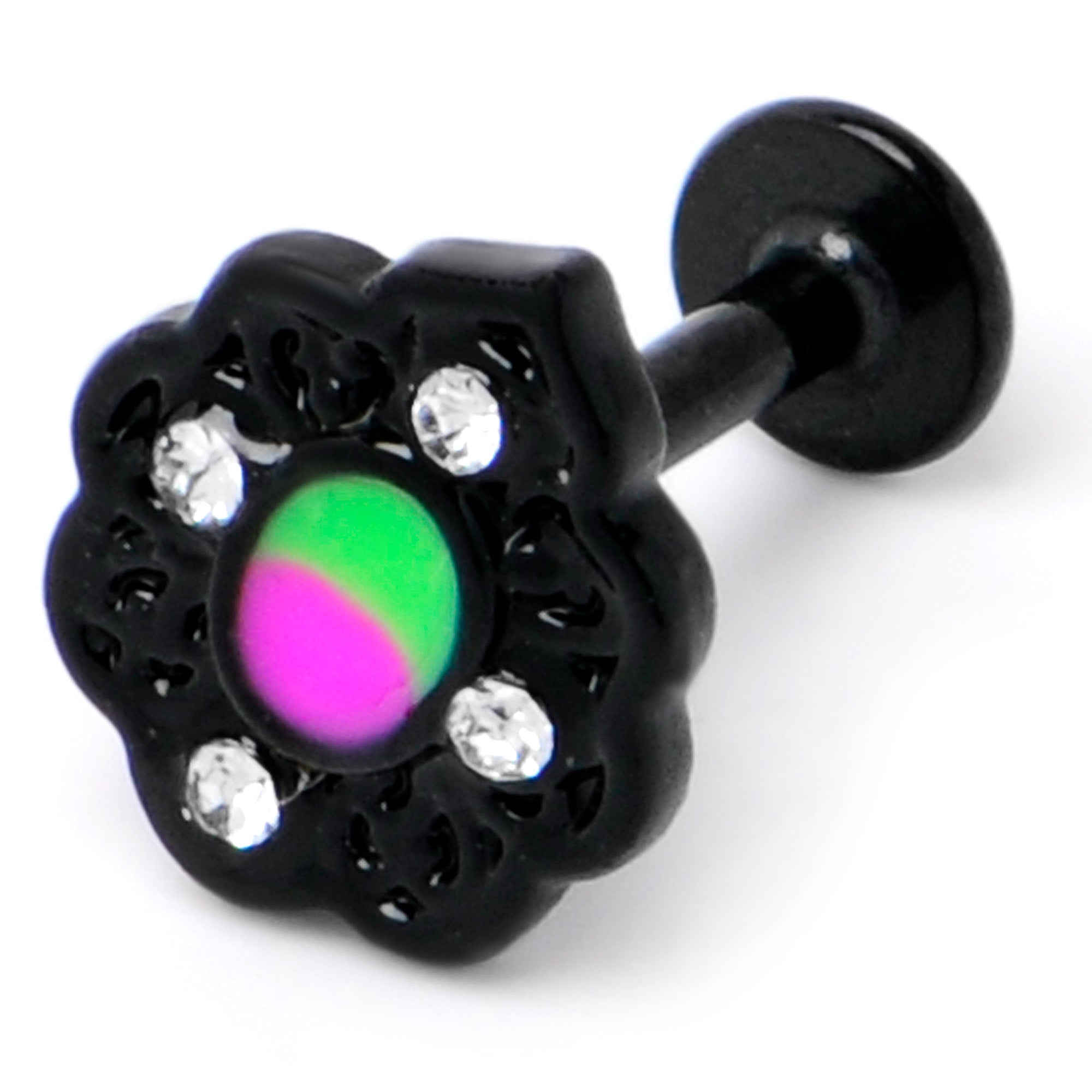 16G 1/4 CZ Faux Tourmaline Black Lacy Drop Labret