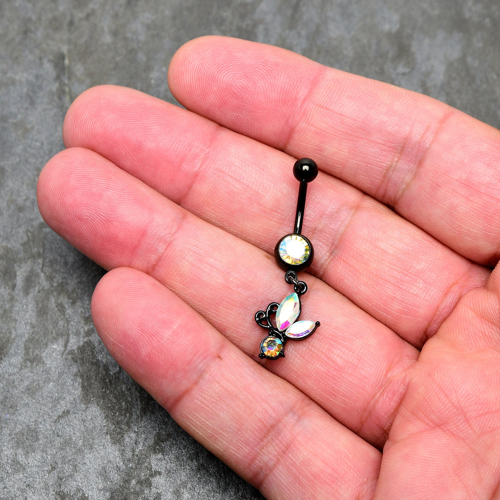 Aurora Gem Black Fleur de Lis Butterfly Dangle Belly Ring
