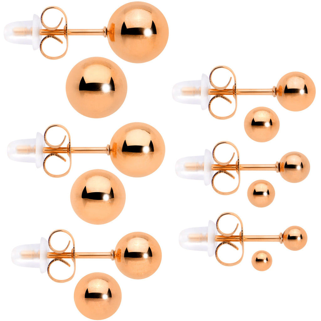 3mm-8mm Ball Stud Rose Gold Tone 316L Stainless Steel Earrings 6 Pack