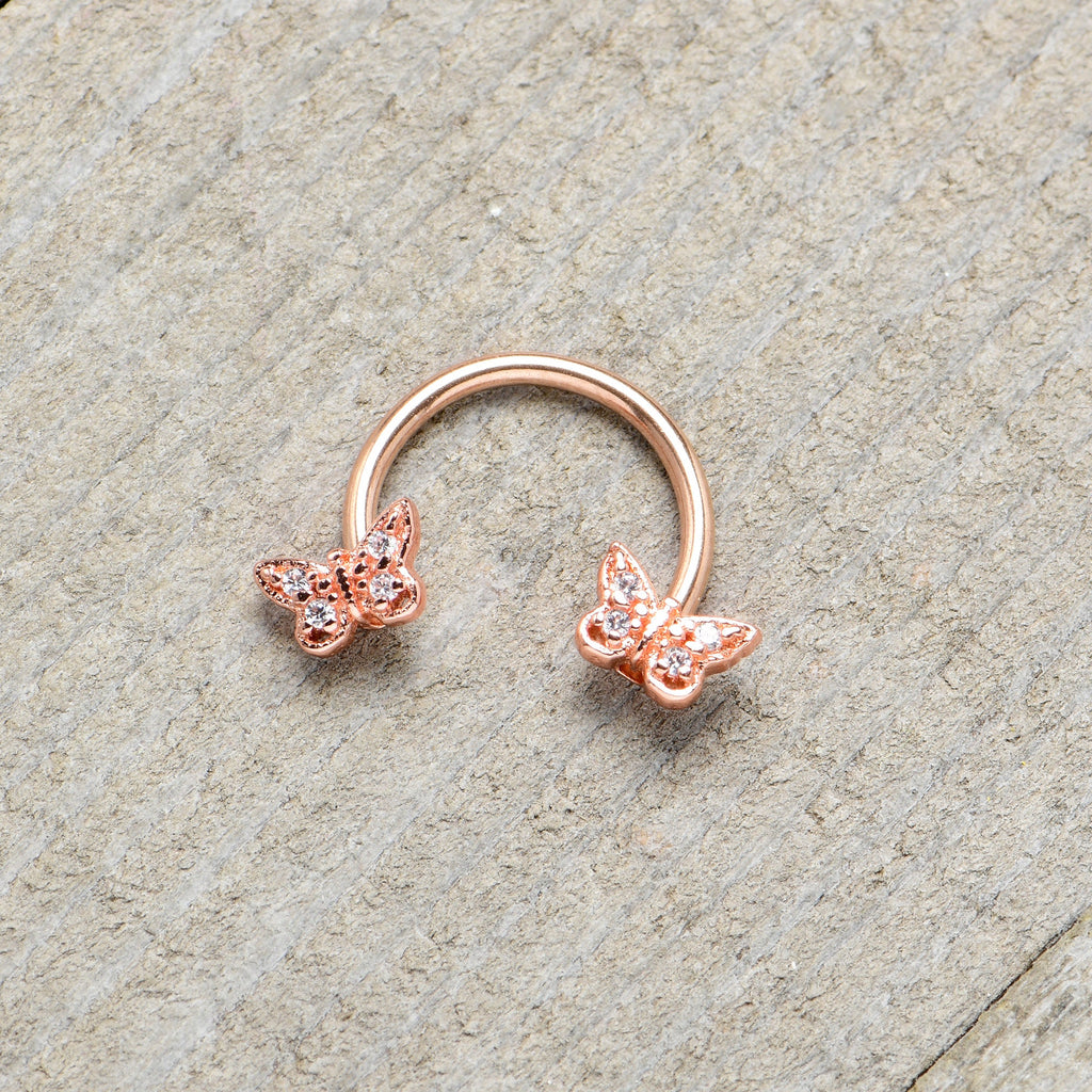 16G 3/8 Clear Gem Rosy Tone Butterfly Horseshoe Circular Barbell