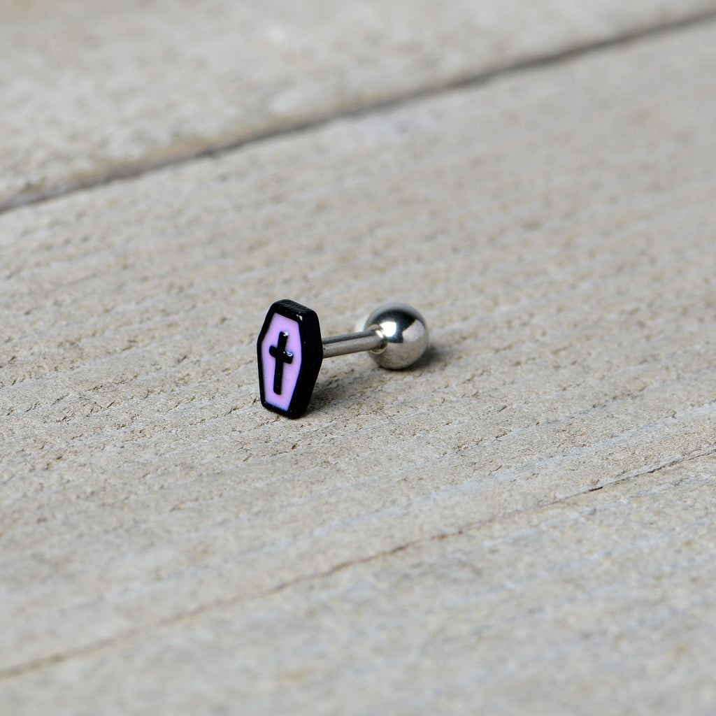 16G 1/4 Creepy Coffin Lt Purple Glow in Dark Cartilage Earring
