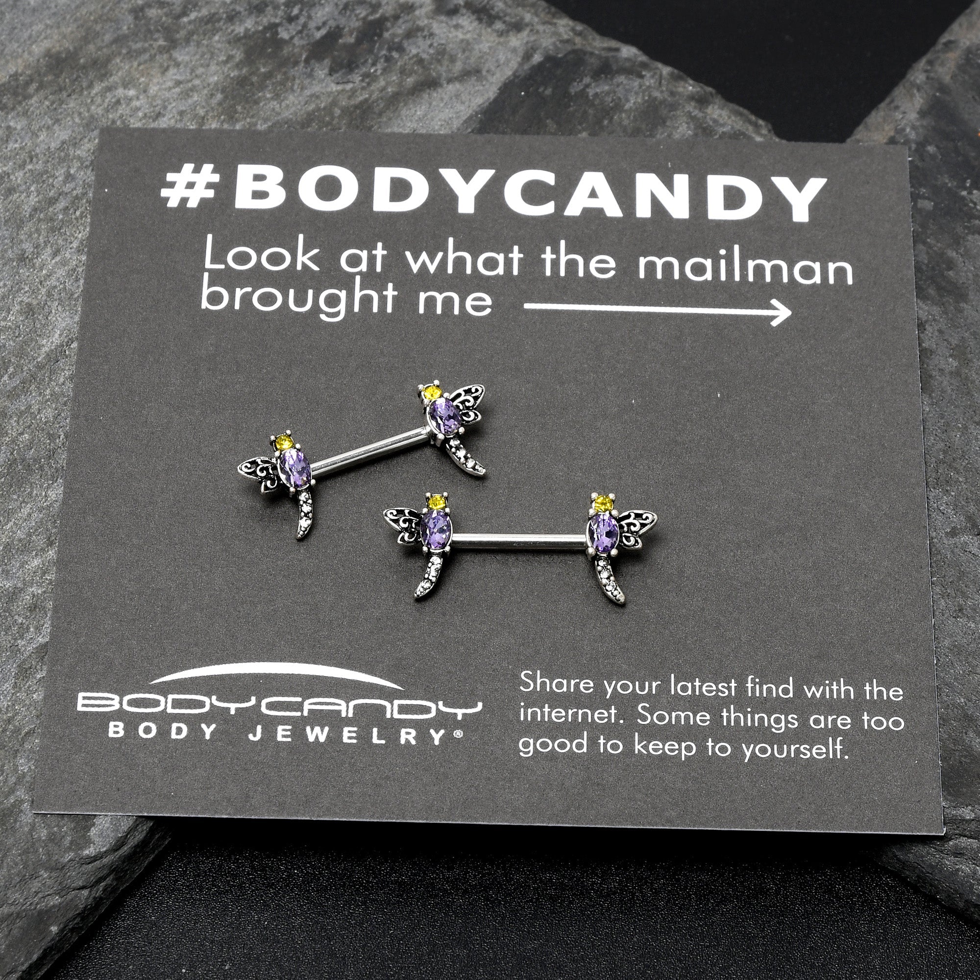 14G 9/16 Purple Yellow Gem Dragonfly Barbell Nipple Ring Set