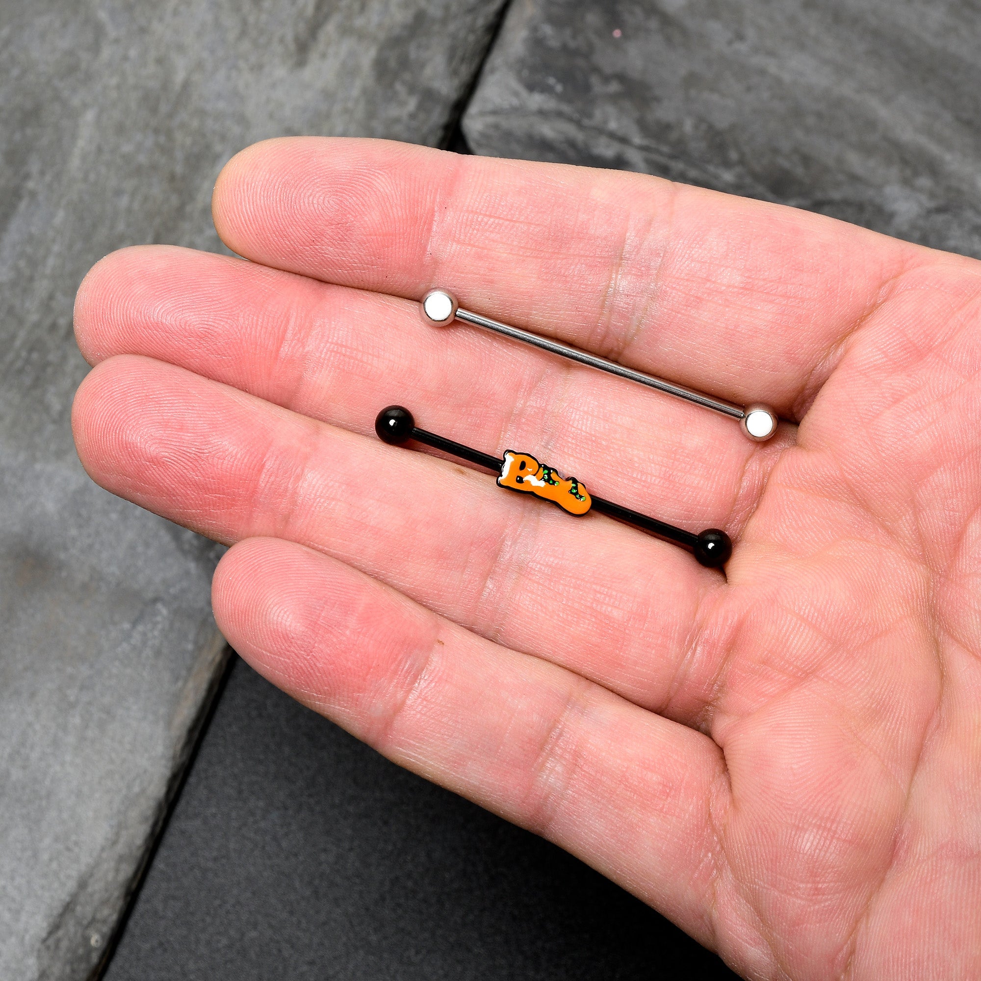 14G Black Halloween Boo Glow in Dark Industrial Barbell Set of 2