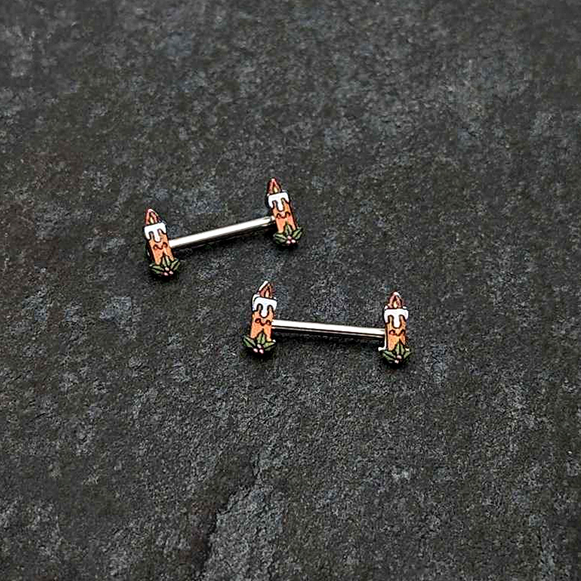 14G 9/16 Sweet Holiday Christmas Candle Barbell Nipple Ring Set