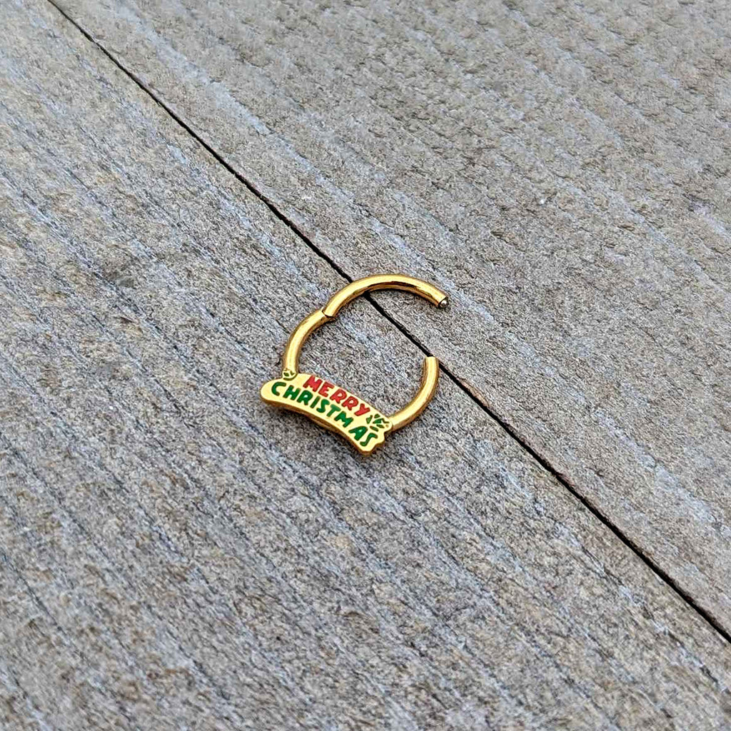 16G 3/8 Gold Tone Merry Christmas Inlay Hinged Segment Ring