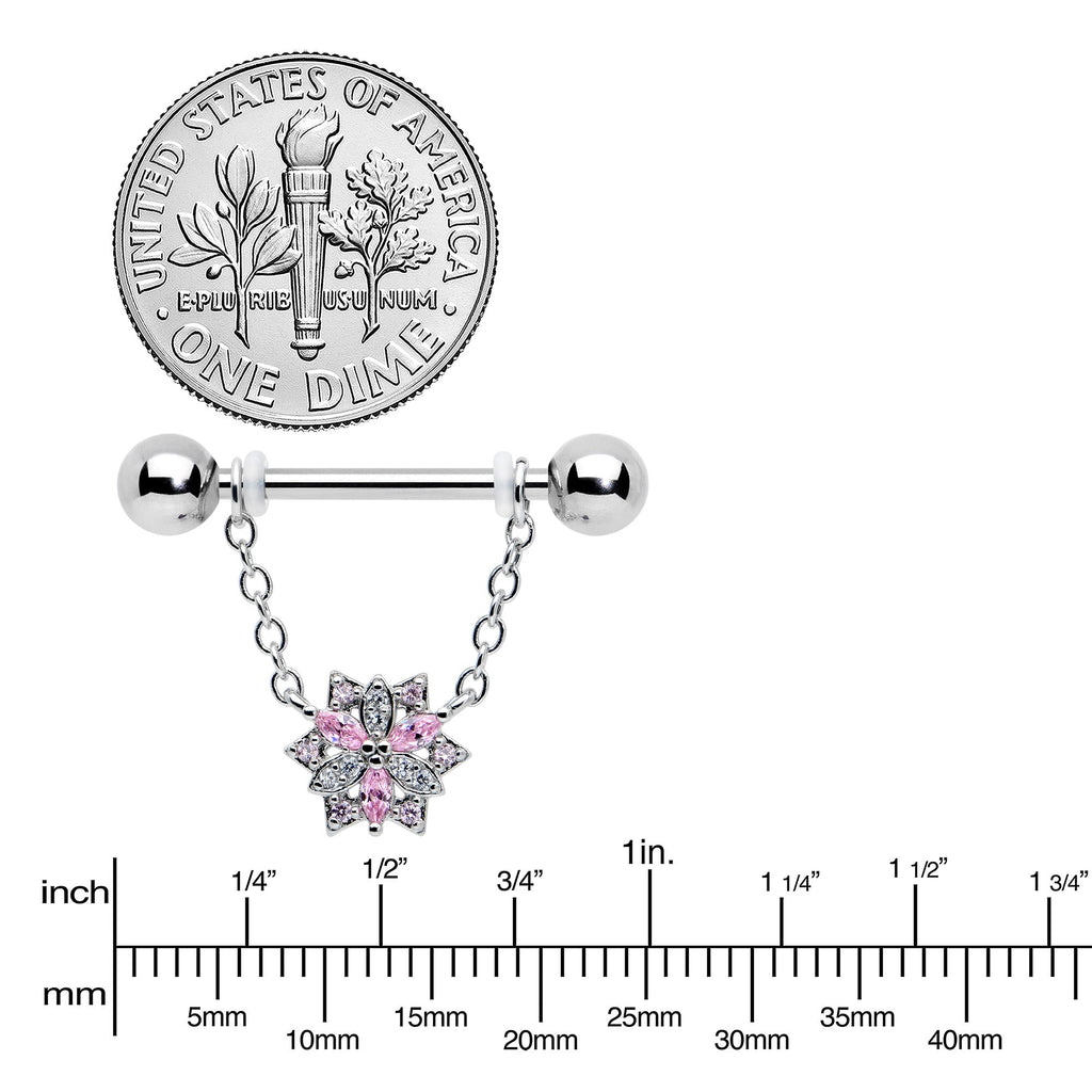 14G 9/16 Pink Clear CZ Gem Snowflake Chain Dangle Nipple Ring Set