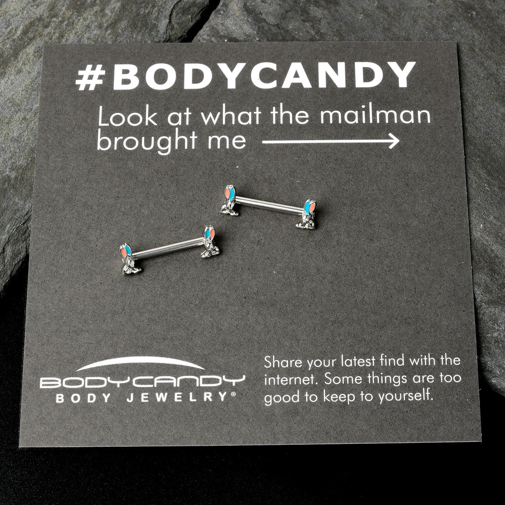 14G 9/16 Easter Bunny Blue Red Ears Barbell Nipple Ring Set