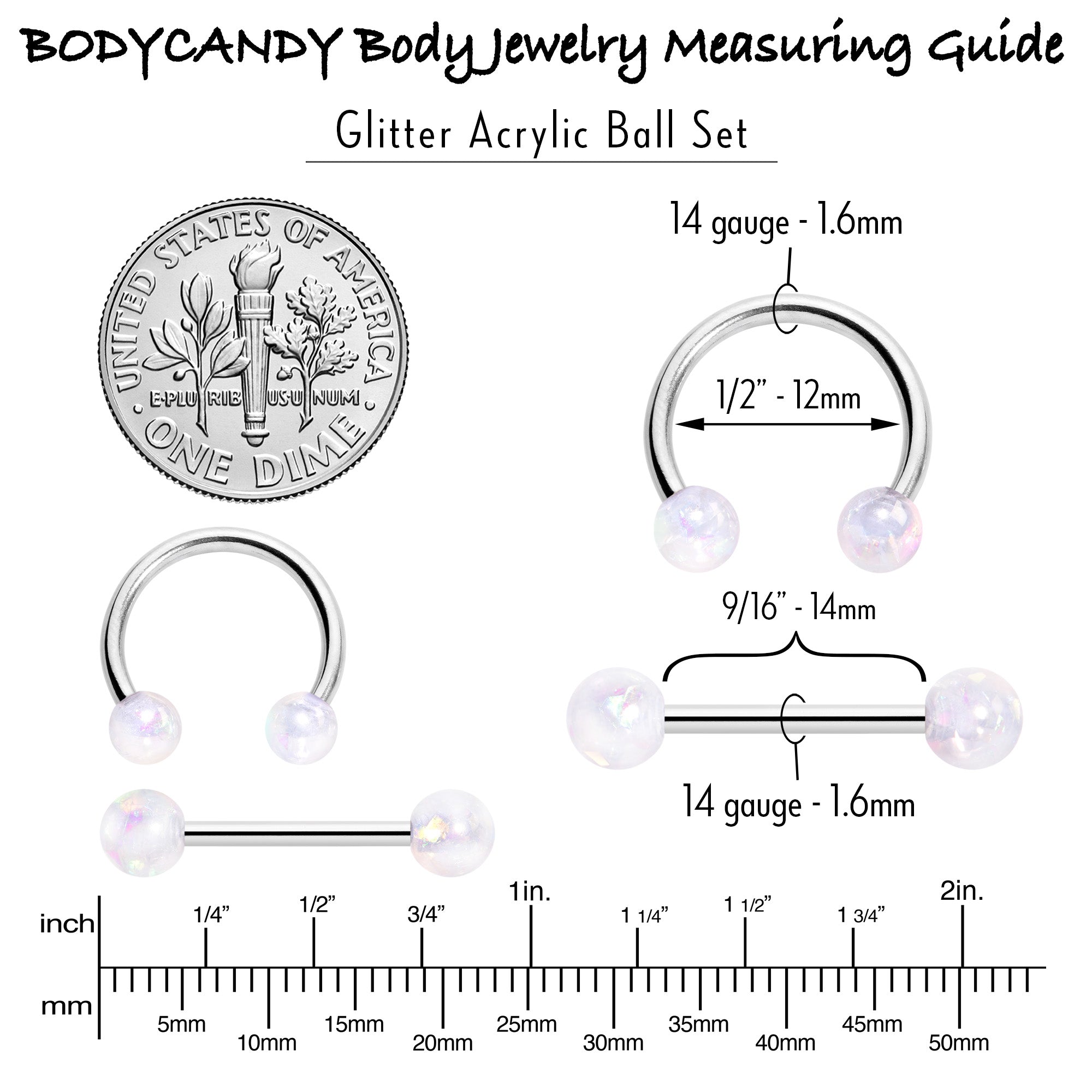 14G 9/16 White Faux Opal Horseshoe Barbell Nipple Ring Set of 4