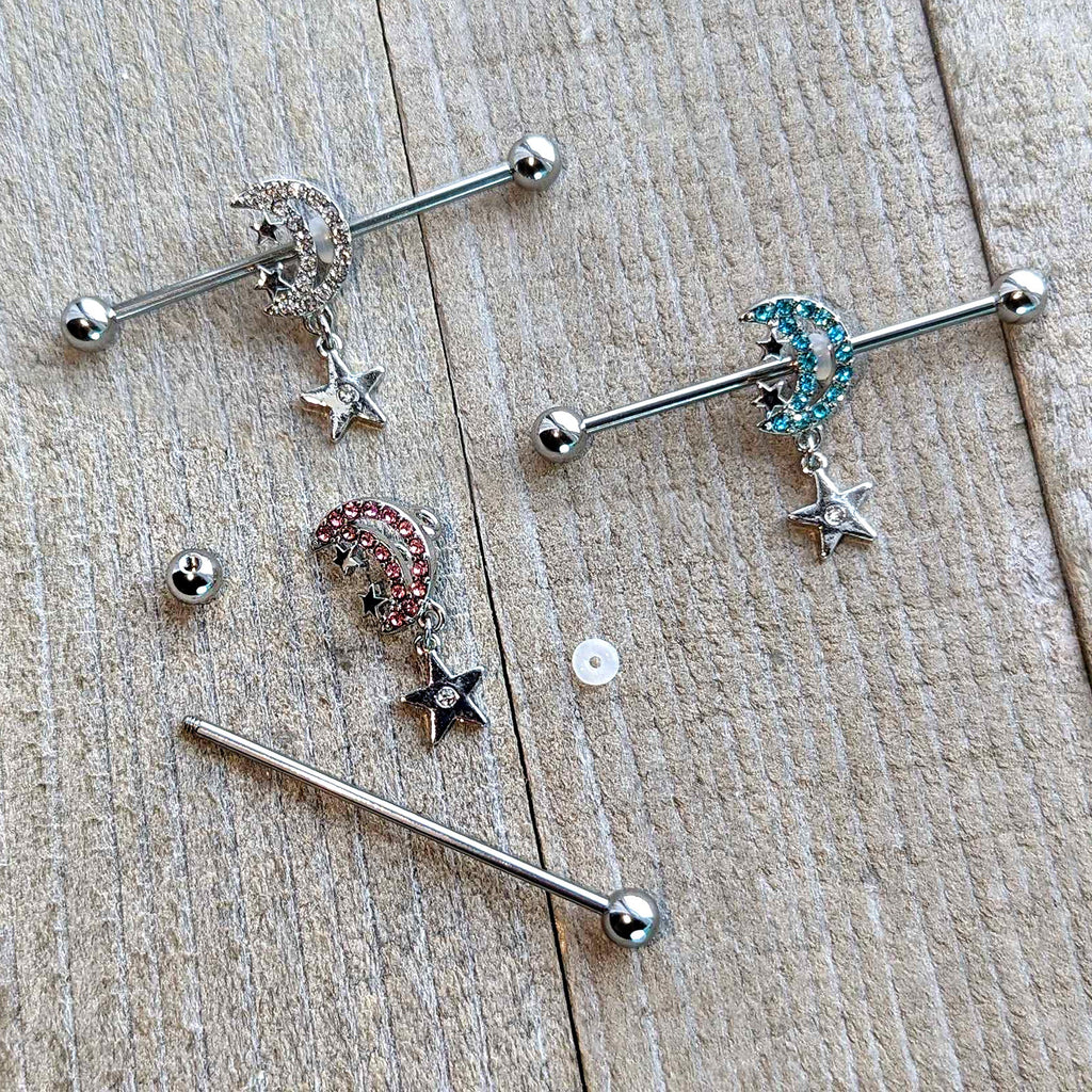 14G Clear CZ Gem Moon Dangle Star Industrial Barbell 38mm
