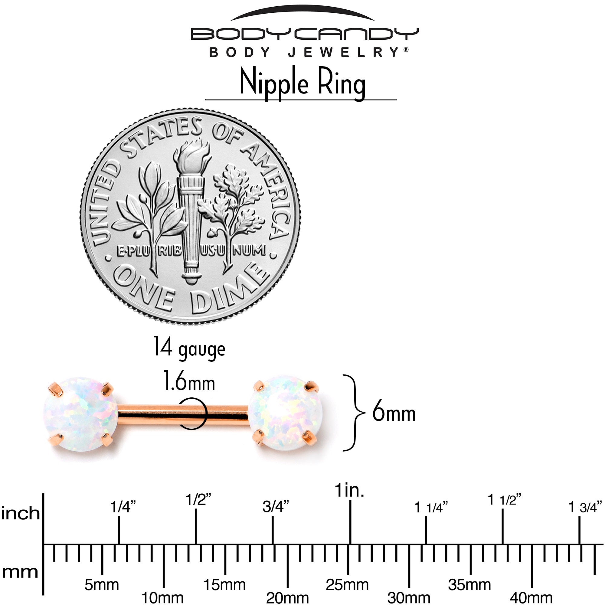 14G 1/2 White Synthetic Opal Rose Hue Threadless Nipple Ring Set