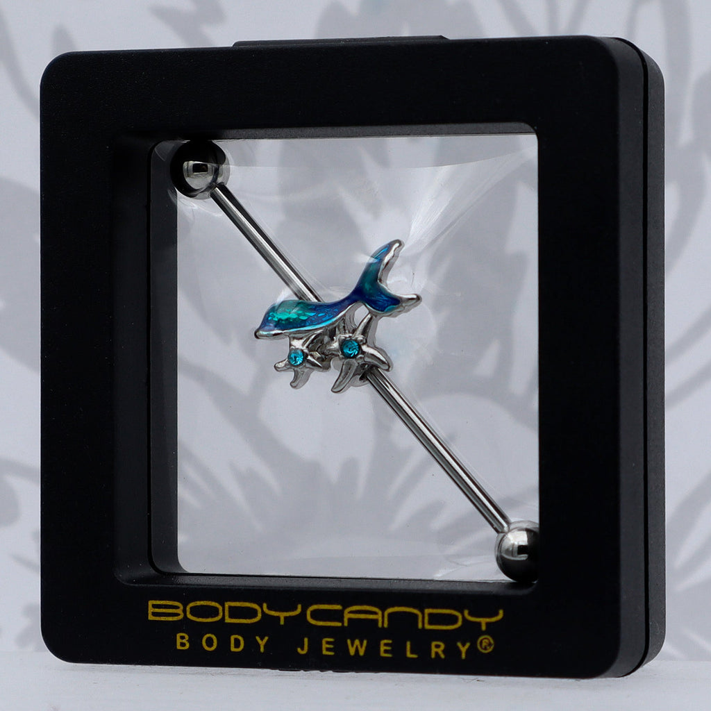 14G Blue Gem Blue Mermaid Tail Star Industrial Barbell 38mm