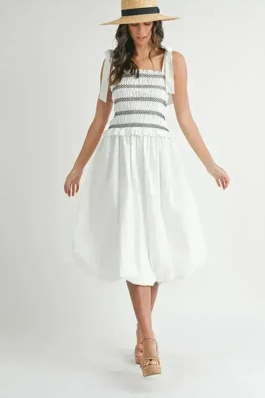 MABLE Smocked Bodice Bubble Midi Dress