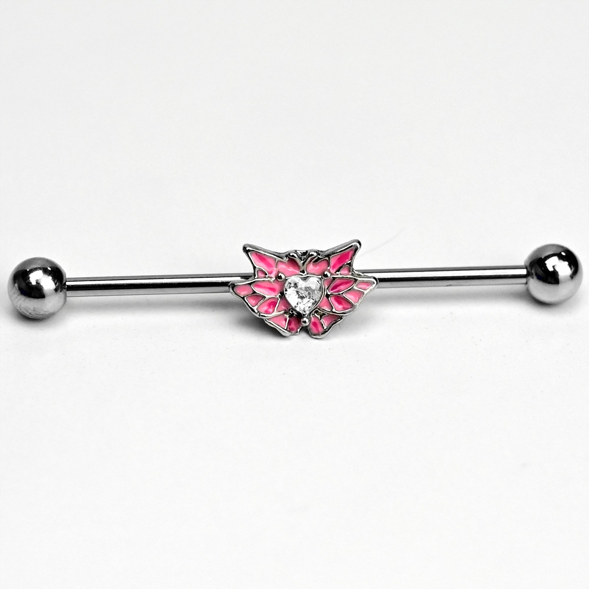 14G Clear Gem Heart Butterfly Pink Wings Industrial Barbell 38mm