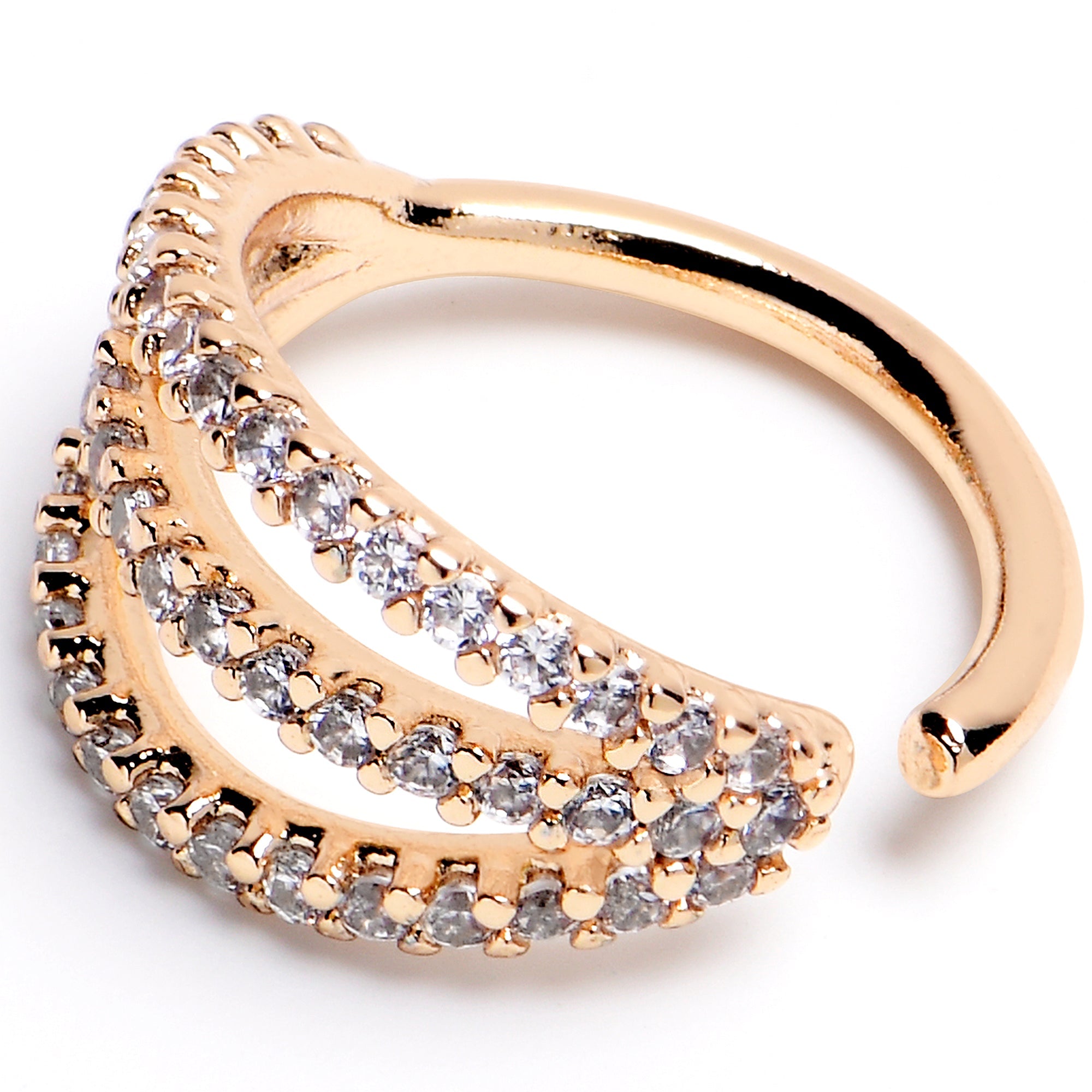 16G 3/8 Clear CZ Gem Gold Tone Faux Triple Hoop Closure Ring