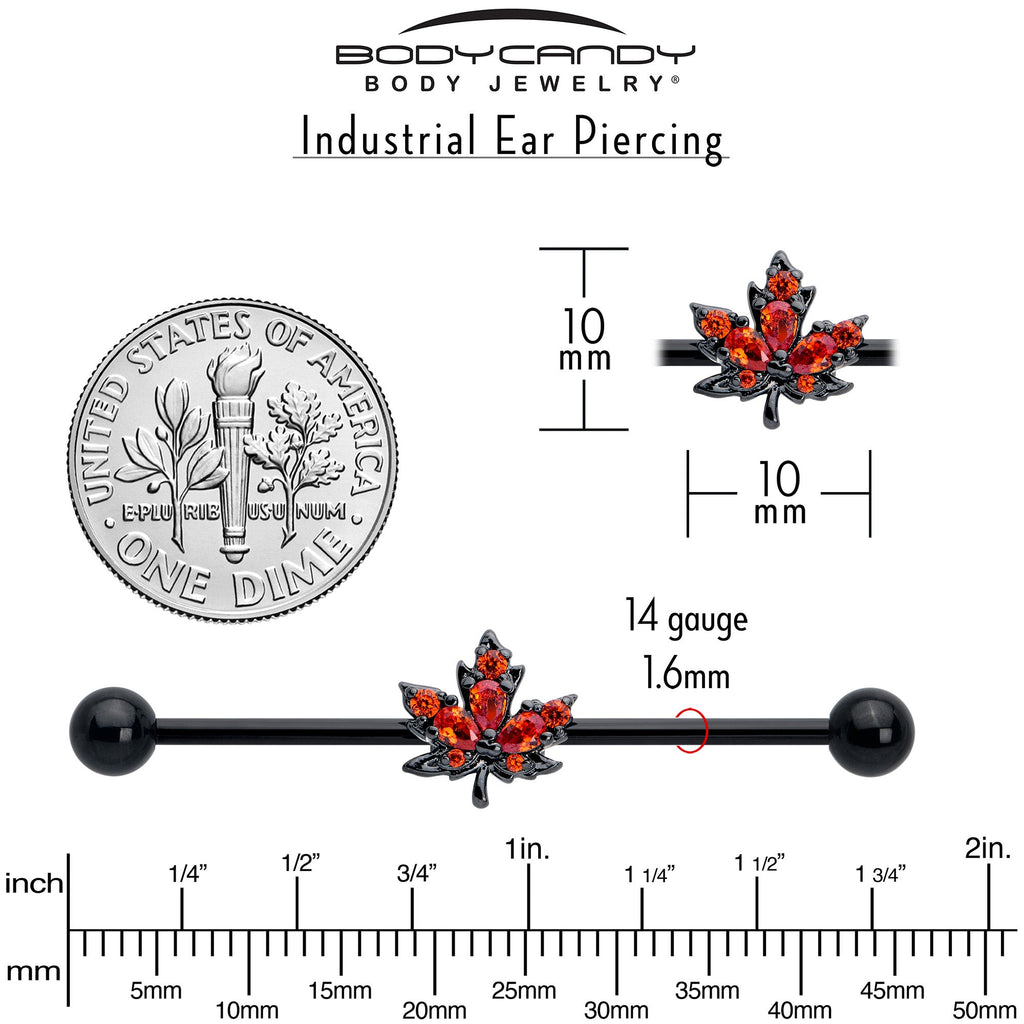 14G Orange CZ Gem Black Autumn Leaf Industrial Barbell 38mm