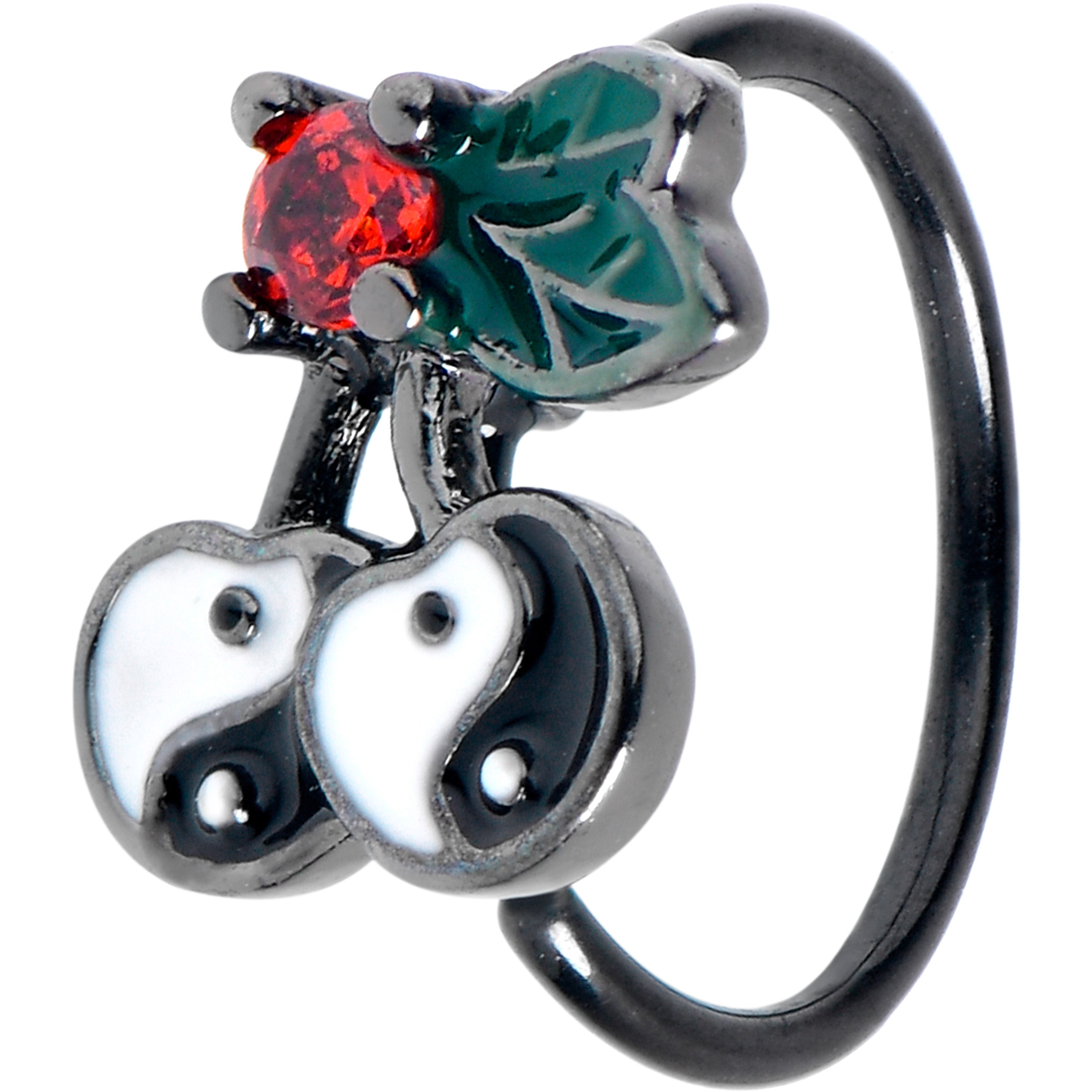 20G 5/16 Red CZ Gem Black Yin Yang Cherry Nose Hoop