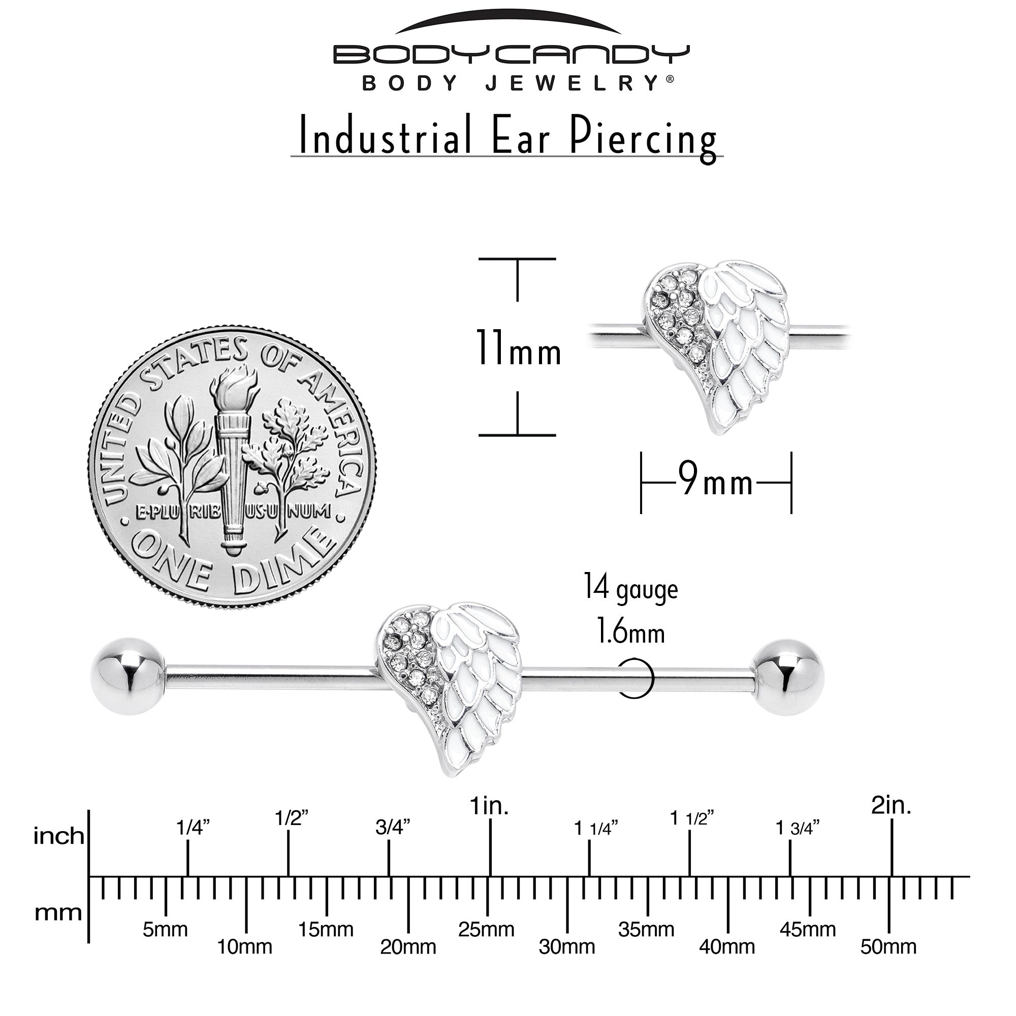 14G White Heavenly Heart Angel Wings Industrial Barbell 38mm