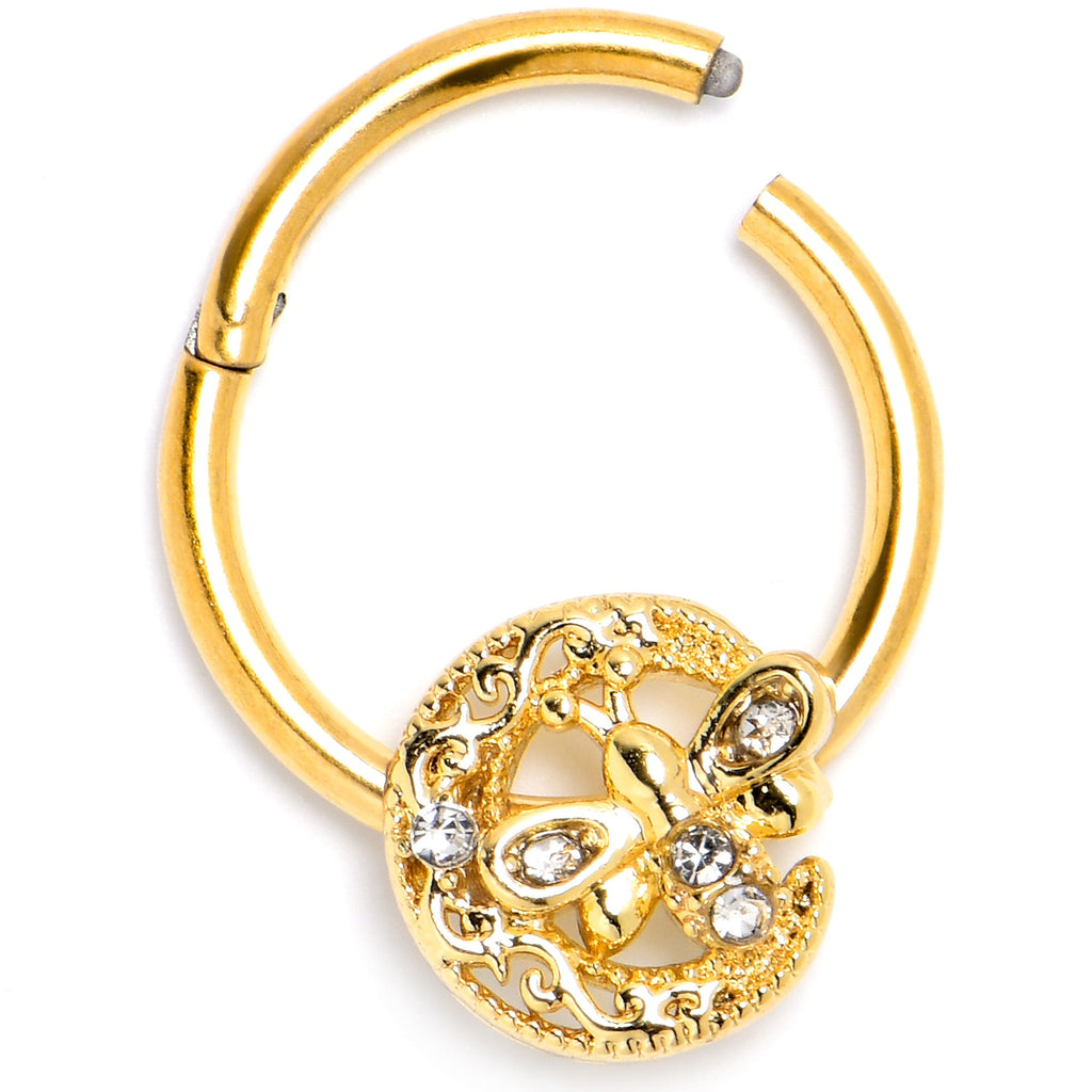 16G 3/8 Clear Gem Gold Tone Lunar Dragonfly Hinged Segment Ring