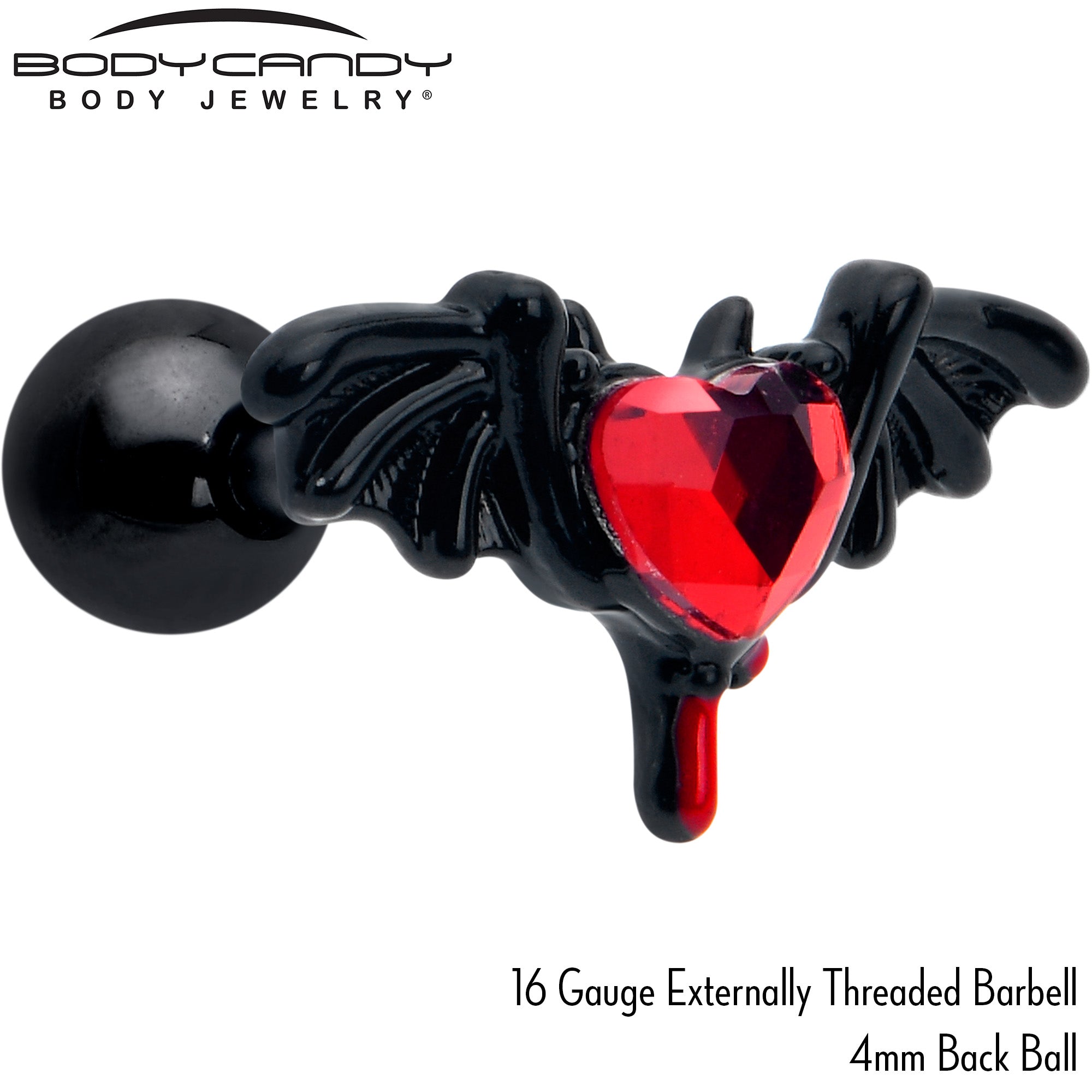 16G 1/4 Red Gem Black Bleeding Heart Bat Cartilage Tragus Earring
