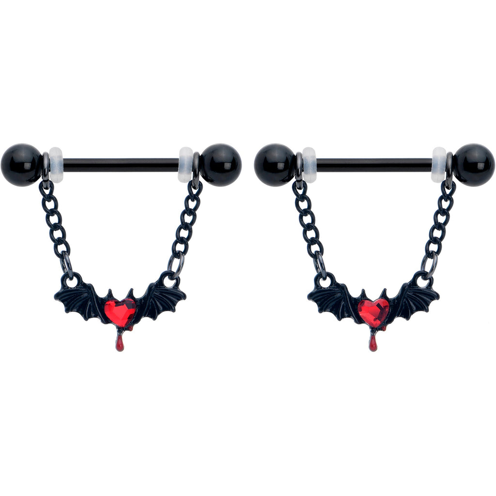 14G 9/16 Red Gem Black Bleeding Heart Bat Dangle Nipple Ring Set