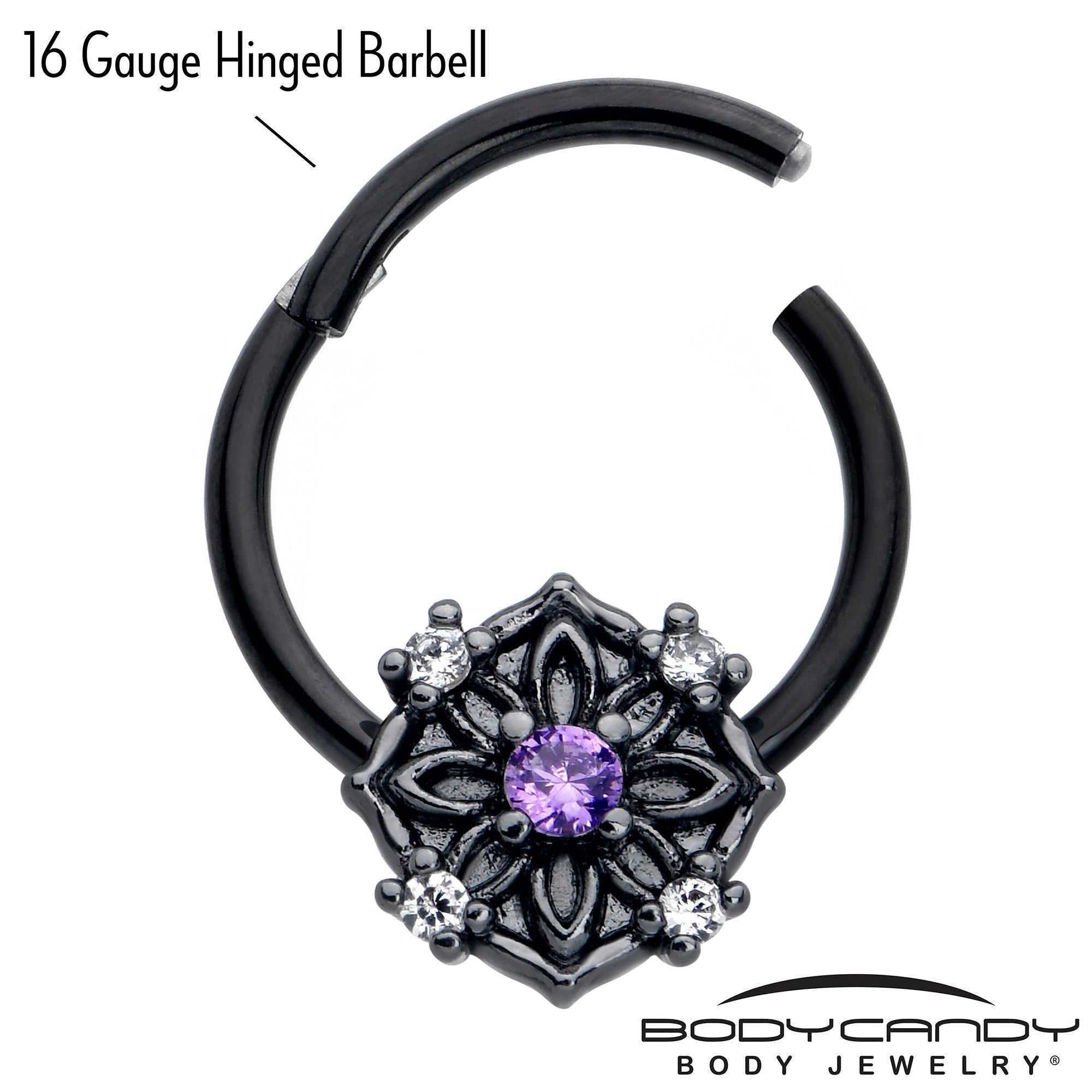 16G 3/8 Purple CZ Gem Black Flower Ring Hinged Segment Ring