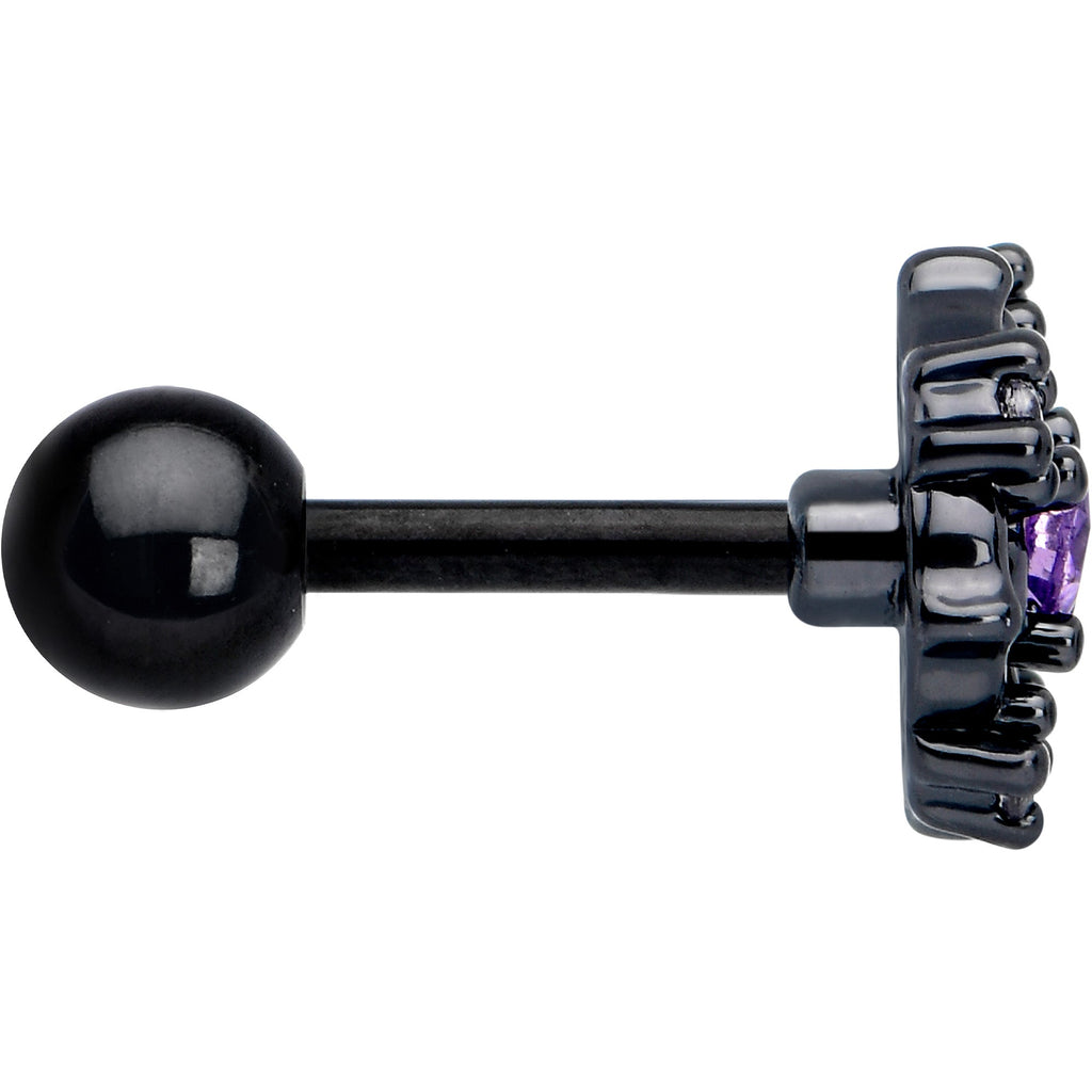 16G 1/4 Purple CZ Gem Black Flower Ring Cartilage Tragus Earring