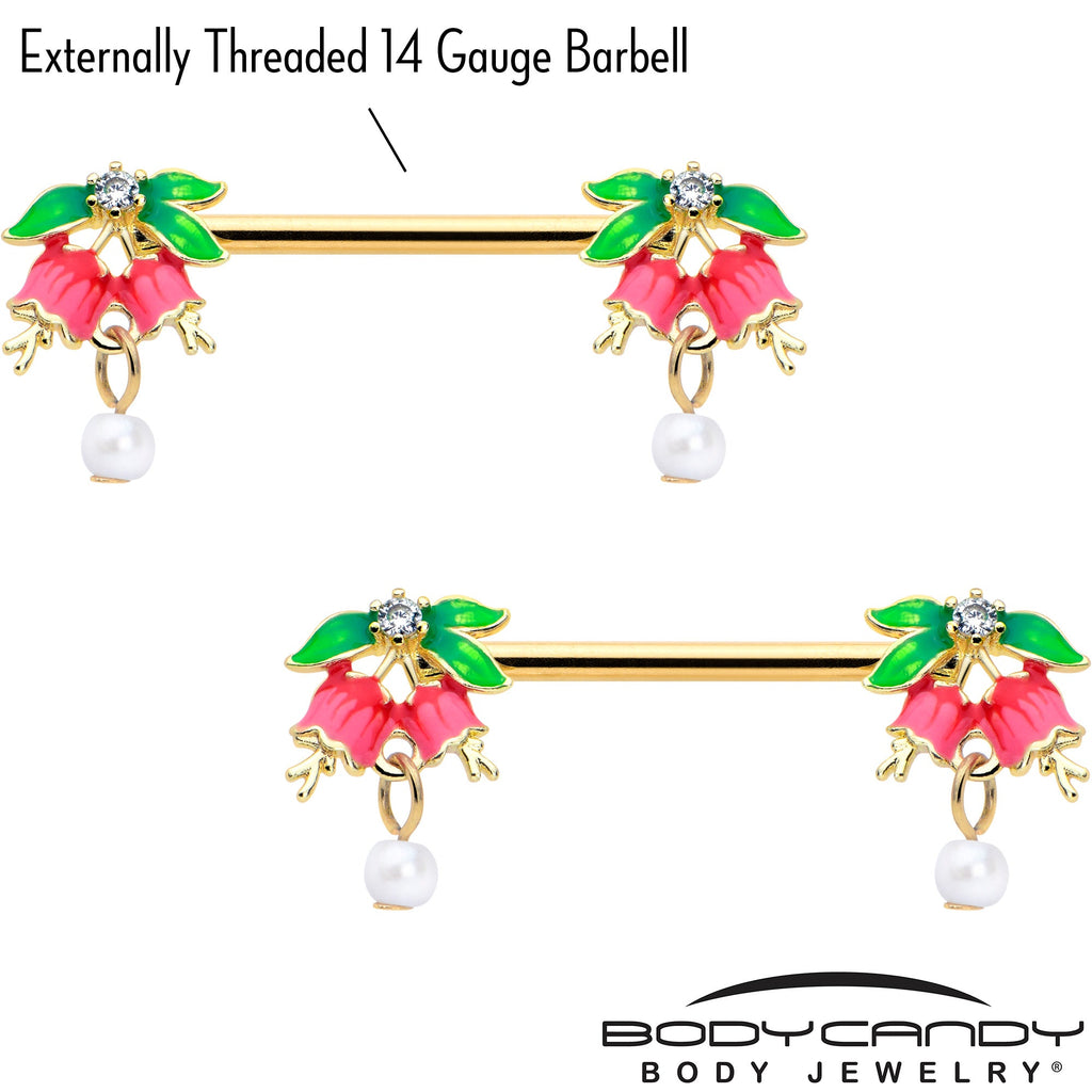14G 9/16 Clear CZ Gem Gold Hue Bell Flower Barbell Nipple Ring Set