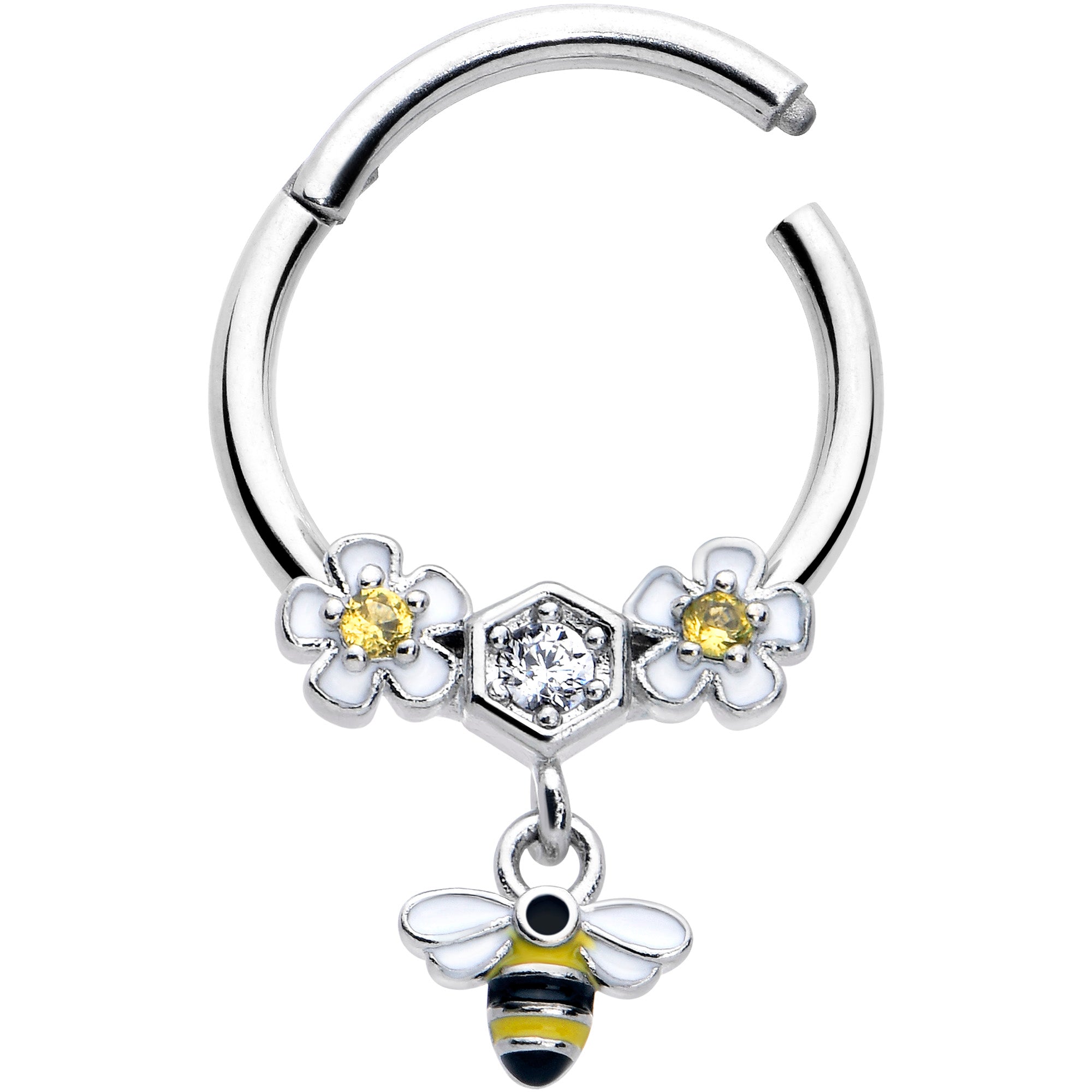 16G 3/8 Yellow CZ Gem Flower Bee Dangle Hinged Segment Ring